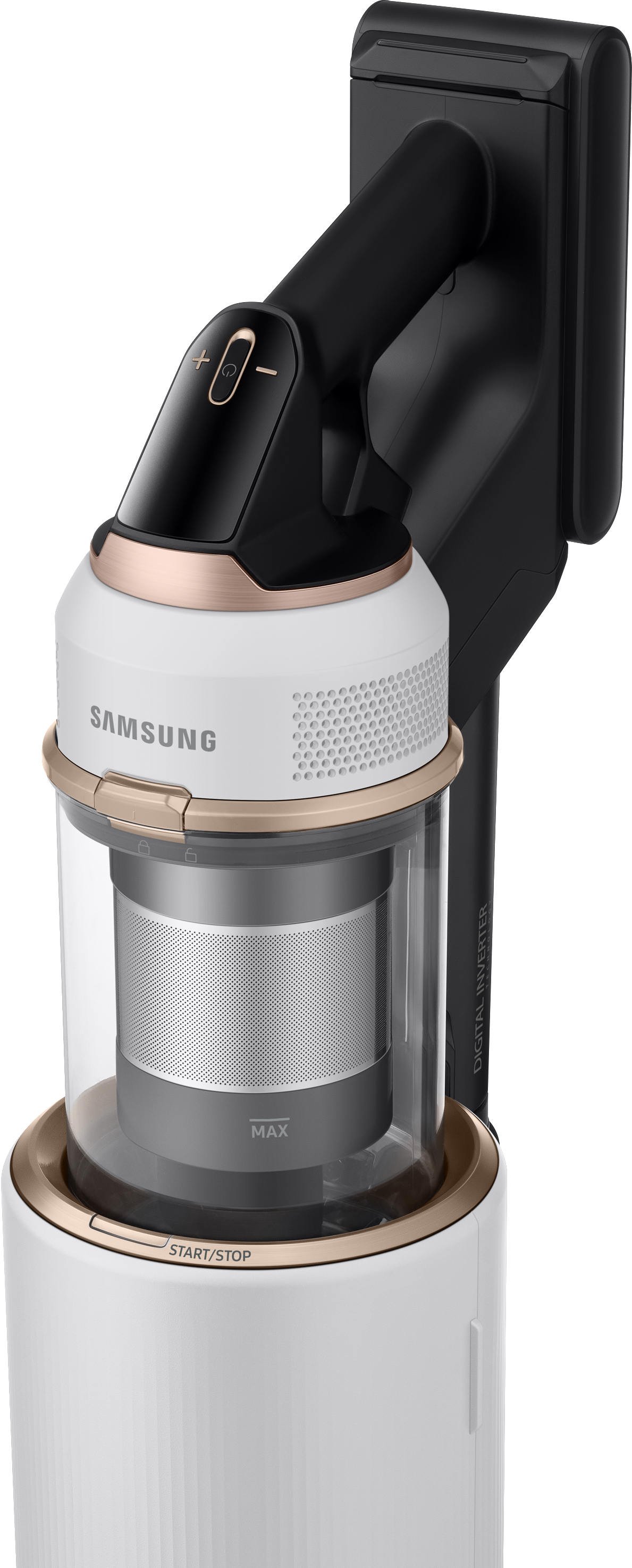 Weißer und schwarzer Samsung Staubsauger mit goldenen Akzenten. Transparenter Staubbehälter, schwarzer Griff.
