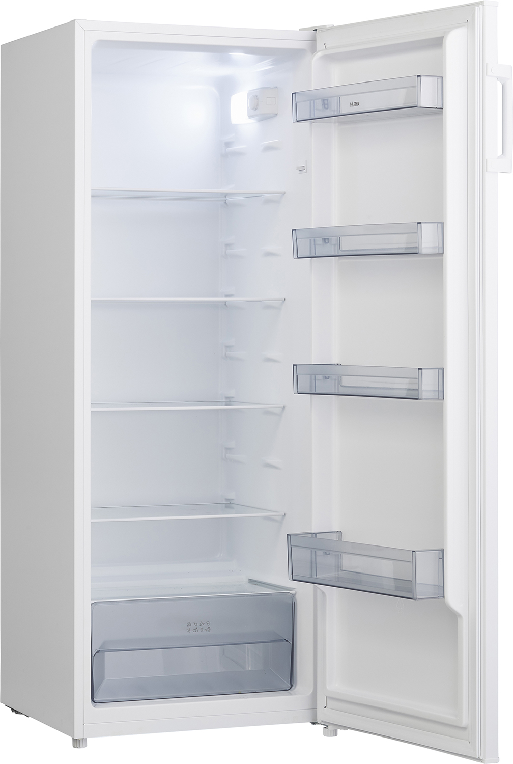 Witte koelkast met open deur, planken en laden zichtbaar.