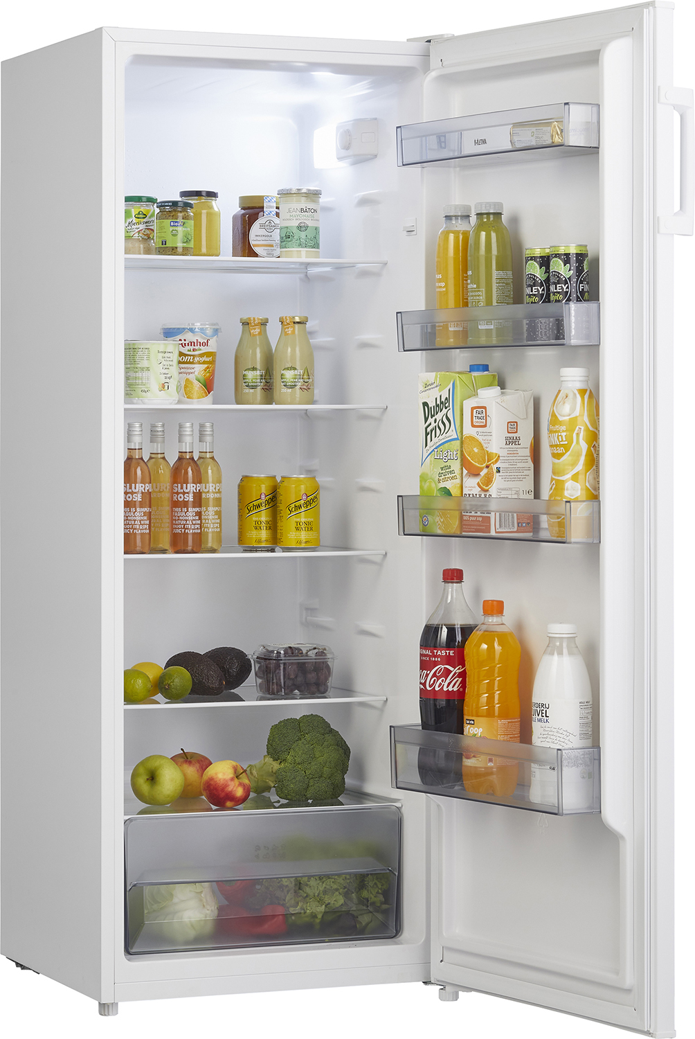 Open witte koelkast met etenswaren erin. Fruit, drankjes en andere boodschappen.