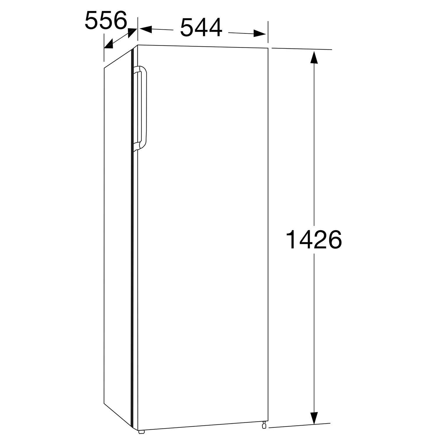 Een koelkast met afmetingen: 556 mm x 544 mm x 1426 mm.