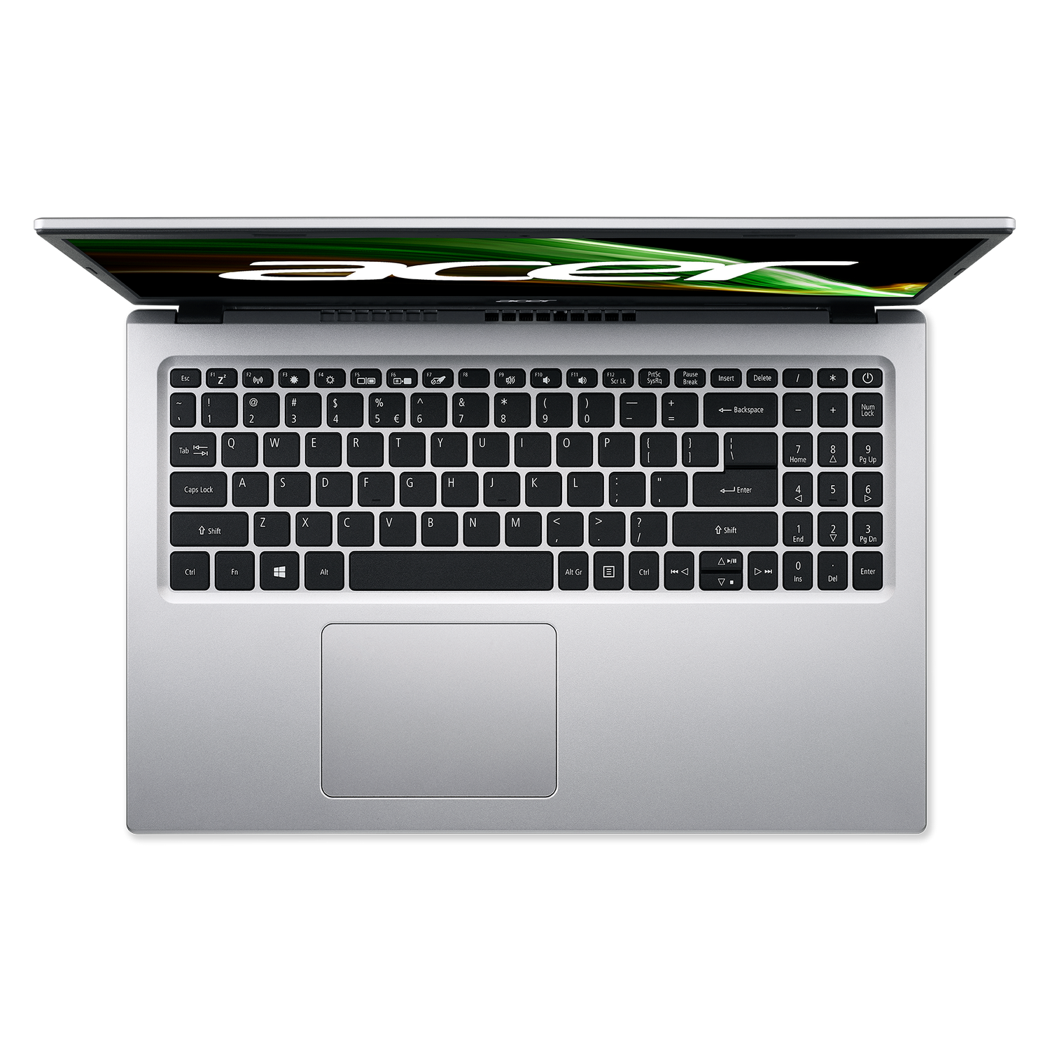 Ordenador portátil plateado abierto, vista superior. Teclado, panel táctil y pantalla con follaje verde.