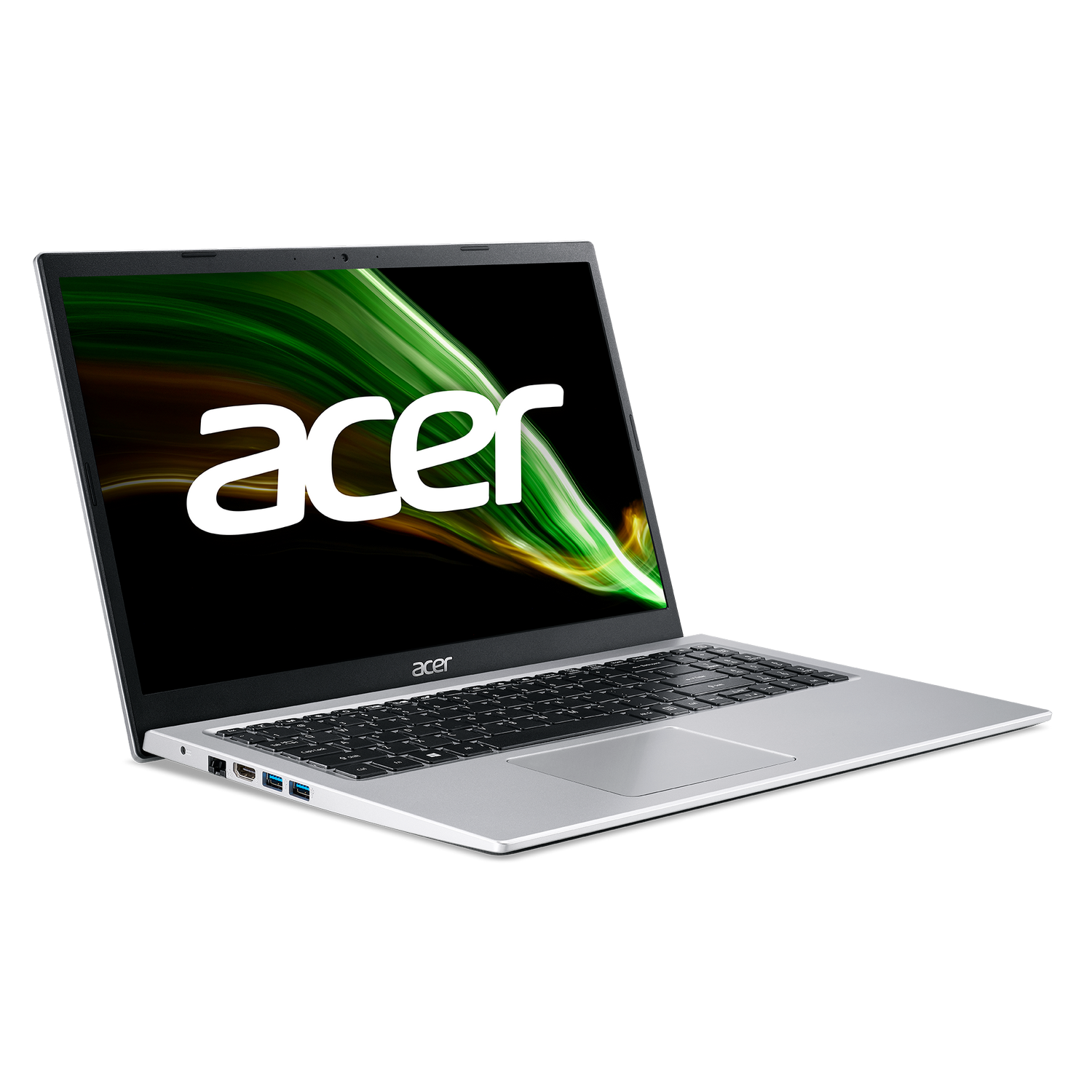 Portátil Acer plateado, abierto. La pantalla muestra el logotipo de Acer y un degradado verde/amarillo.