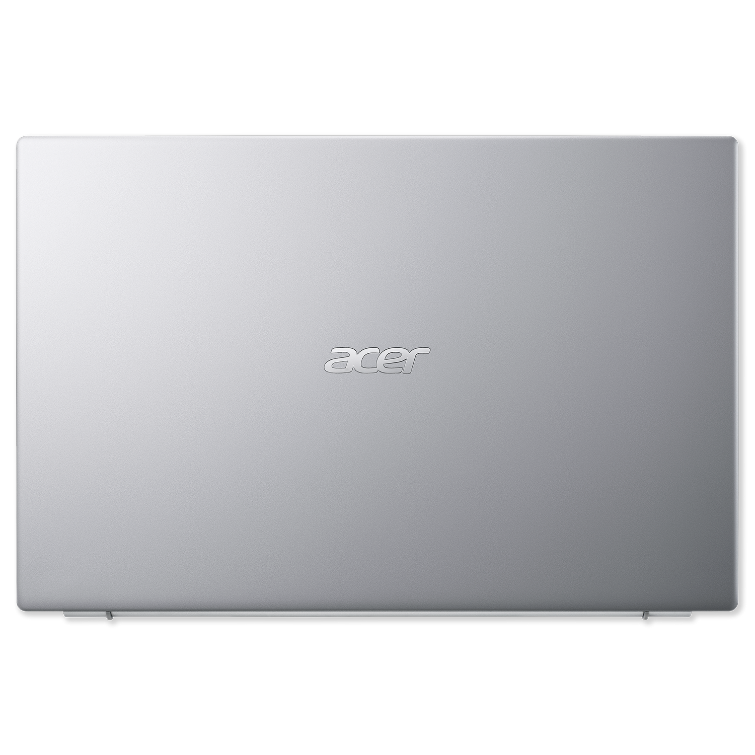 Ordenador portátil plateado con el logotipo de Acer en la tapa. Fondo negro.
