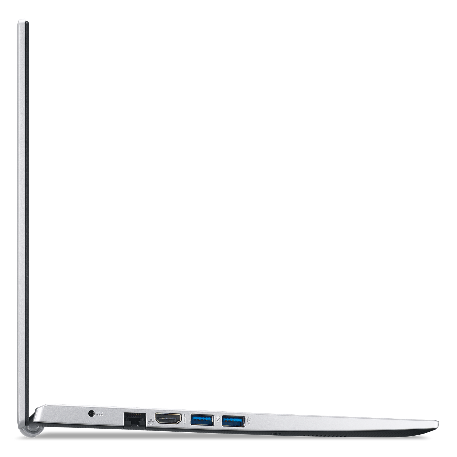 Laptop plateado, vista lateral. Puertos visibles: carga, USB, HDMI y audio. Fondo negro.
