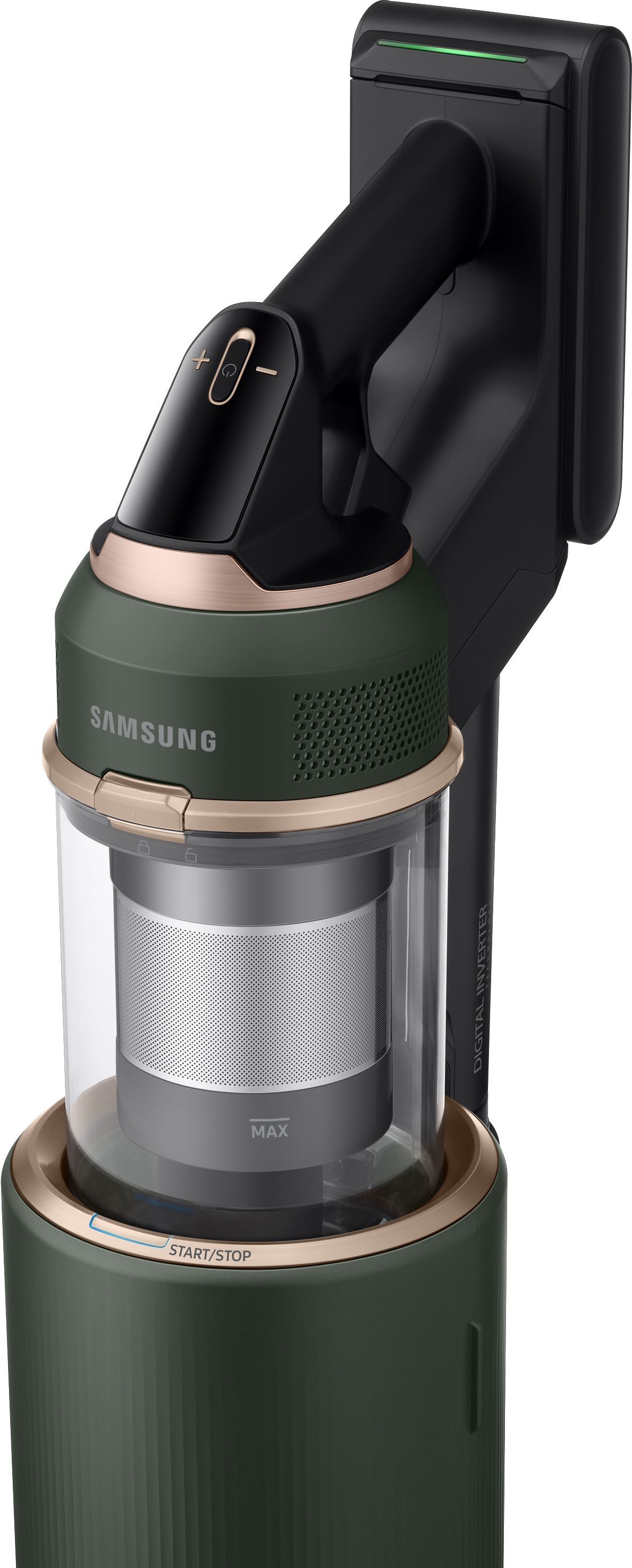 Grüner und goldener Samsung-Stielstaubsauger.