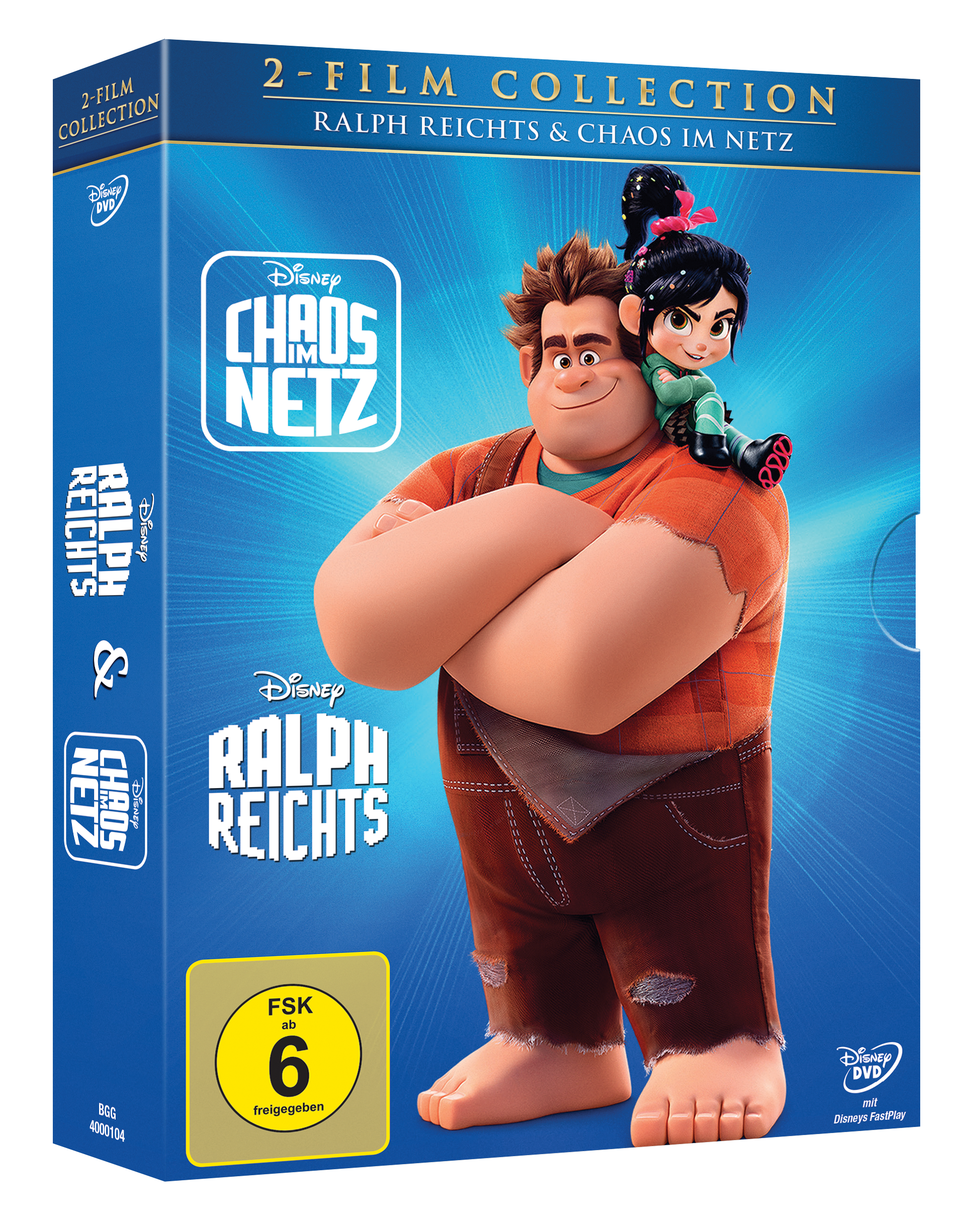 DVD-Cover mit Ralph und Vanellope. Blauer Hintergrund, Titel 'Ralph Reichs & Chaos im Netz', Disney-Logo, FSK 6.