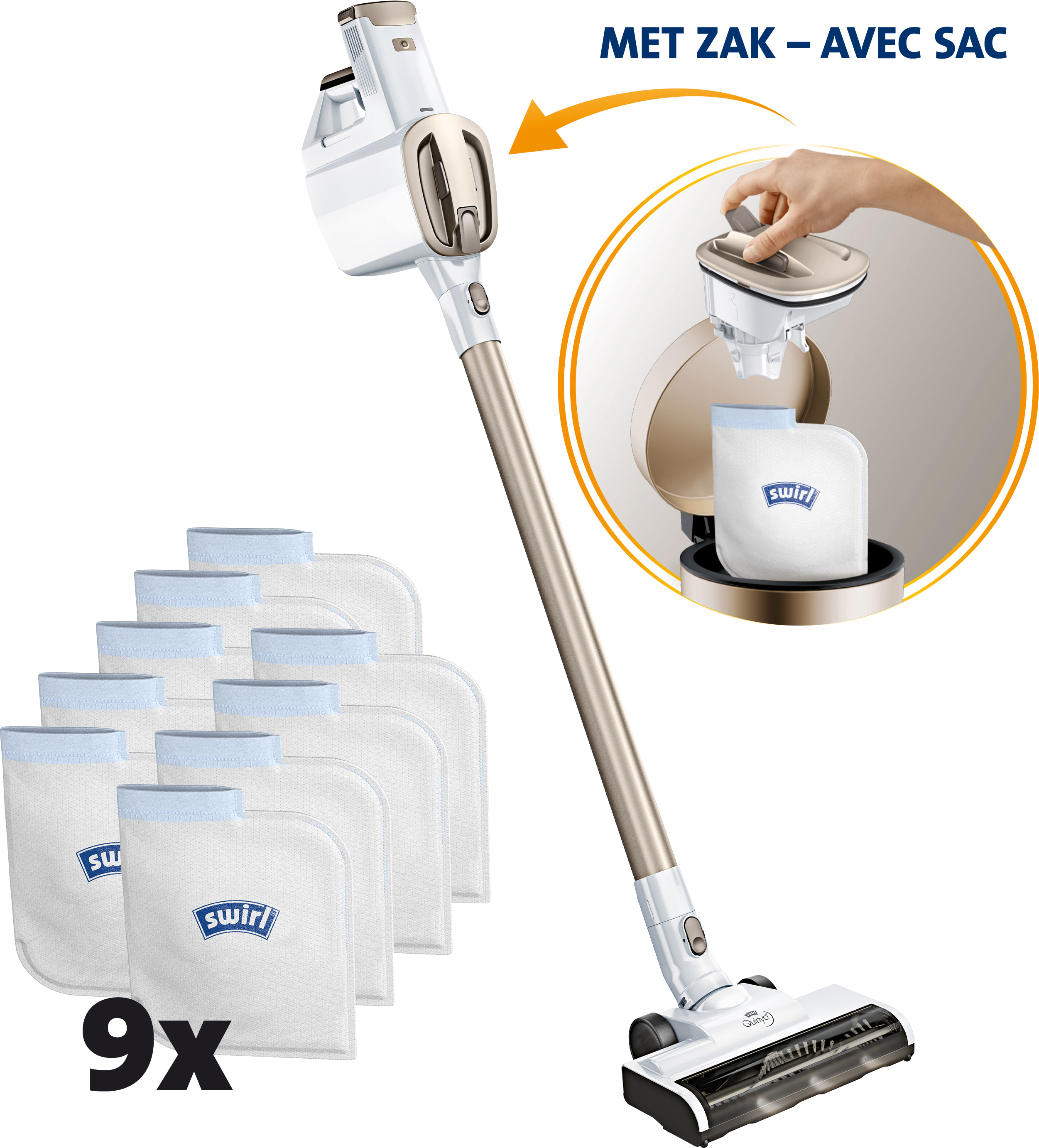 Aspirateur avec plusieurs sacs Swirl. Montre comment insérer un sac.
