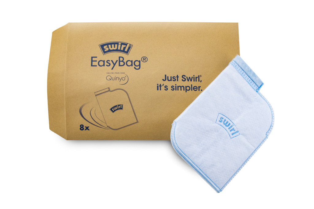 Boîte Swirl EasyBag et un sac d'aspirateur blanc avec une bordure bleue.