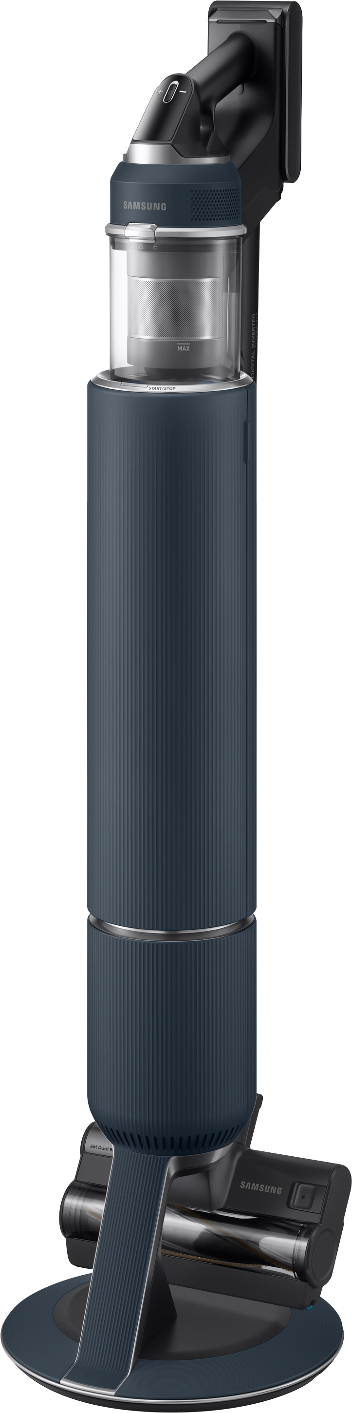 Blau-silberner Samsung Staubsauger mit Ladestation, aufrecht stehend.