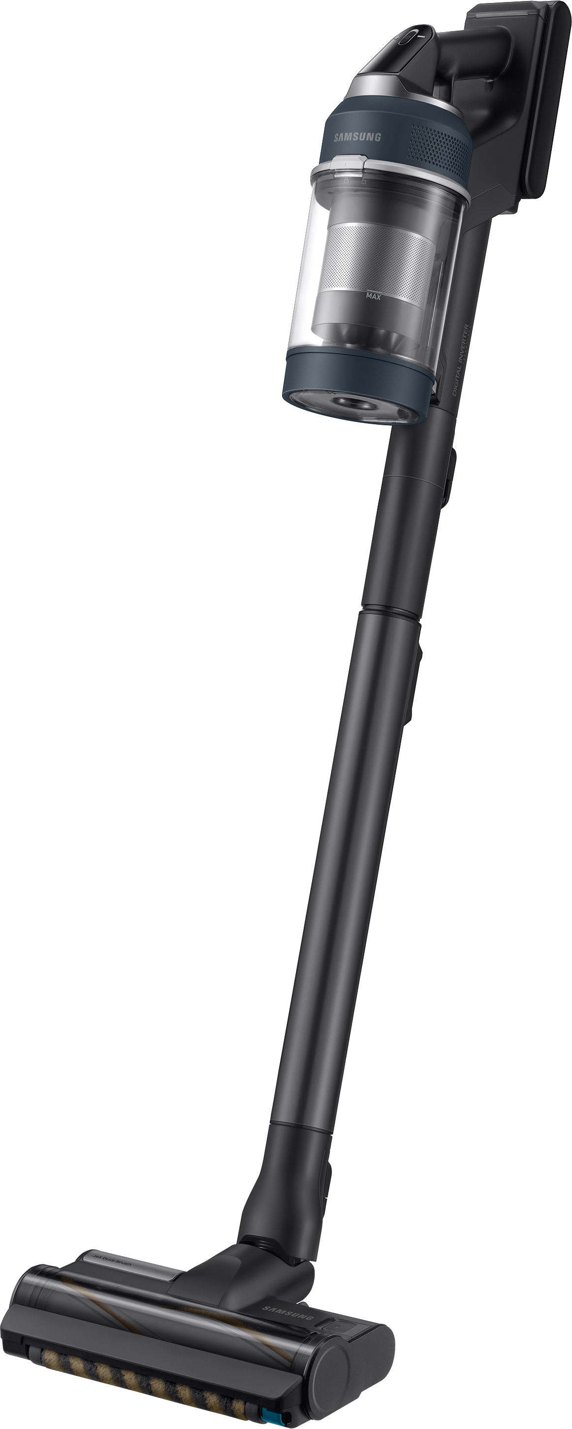 Schwarzer Samsung Akku-Staubsauger. Er hat einen langen Griff und einen Bürstenkopf.