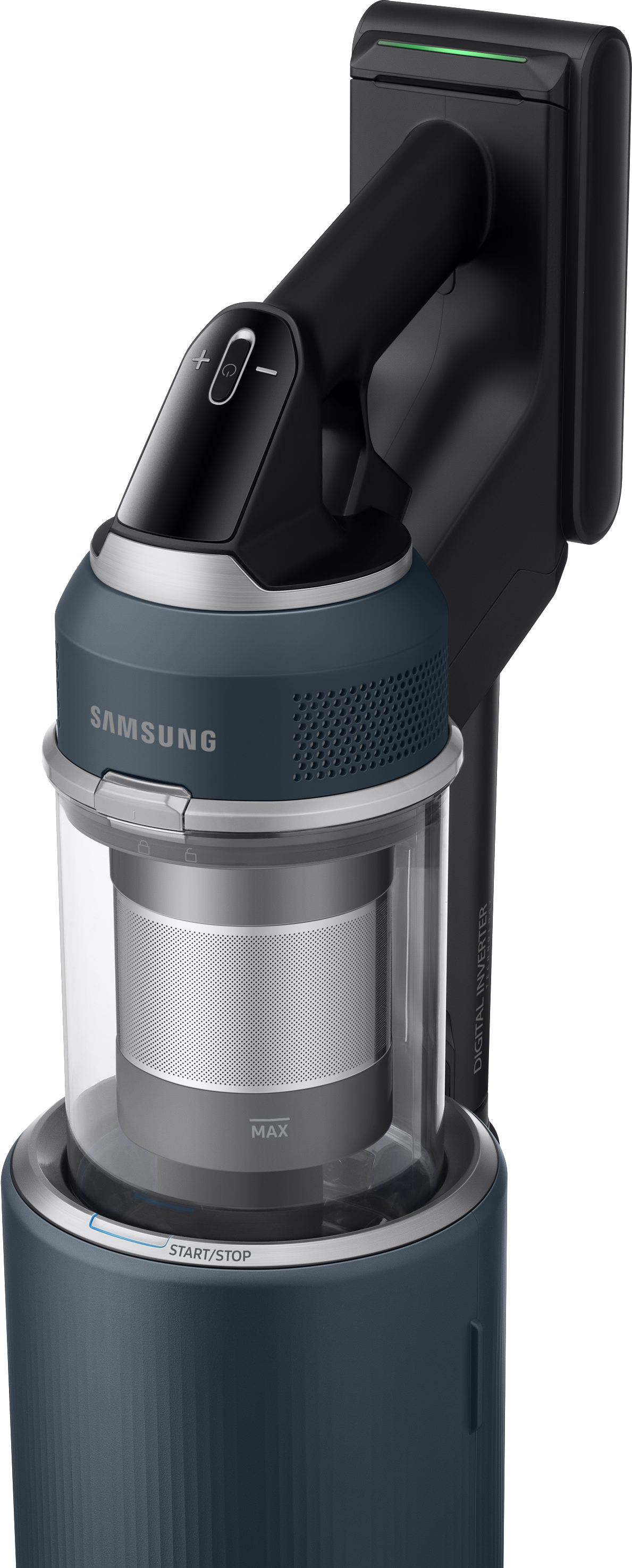 Samsung Akku-Staubsauger, dunkelblau mit silbernen Akzenten.