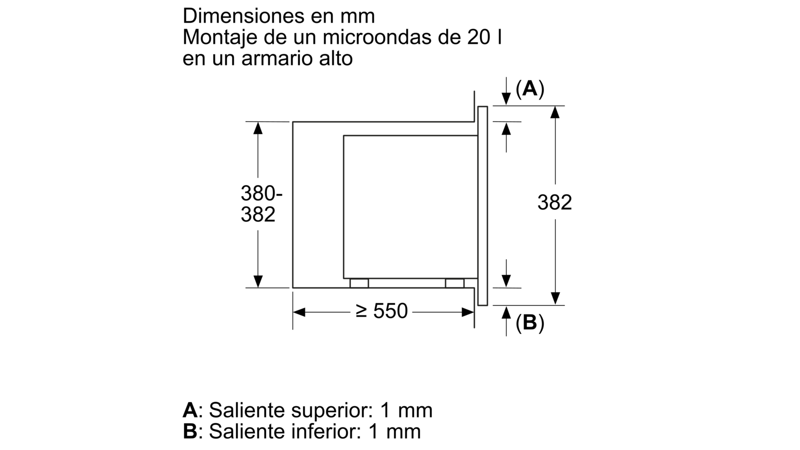 Diagrama de dimensiones del microondas. Se muestran las medidas para la instalación.