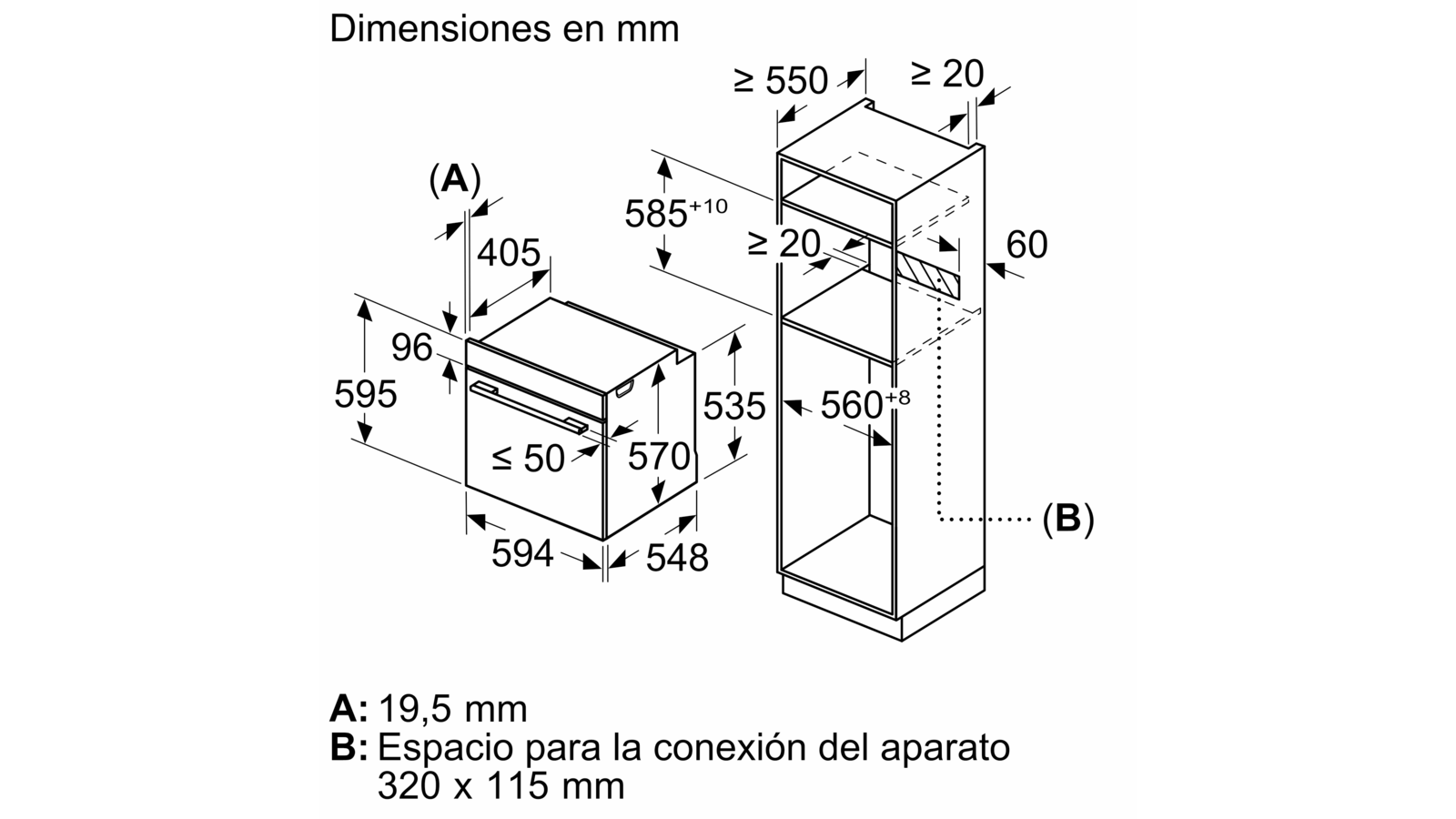 Un diagrama esquemático de un horno empotrado con dimensiones en milímetros.