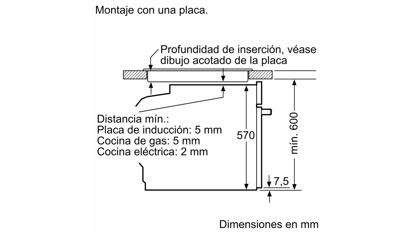 Dibujo técnico con dimensiones de un electrodoméstico.