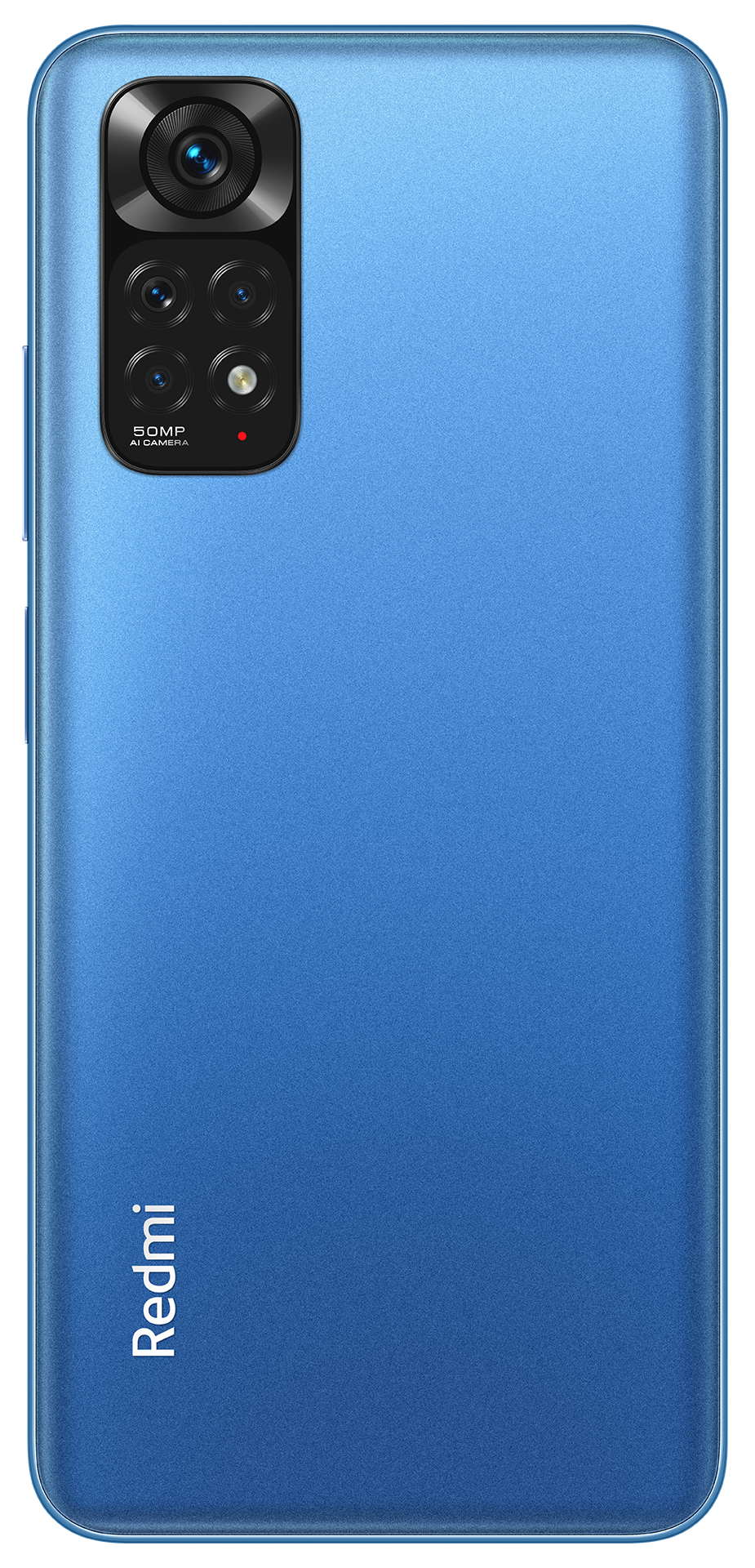 Mavi bir Redmi akıllı telefonun arka tarafı, kamera dizilimi ve Redmi logosu ile.