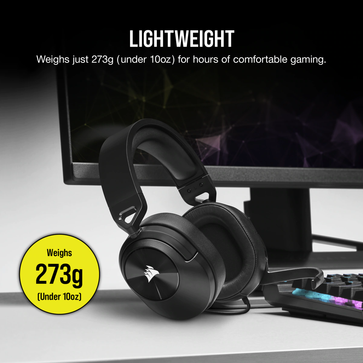 Casque de jeu noir, clavier et texte 'Pèse 273g (Under 10oz)'.