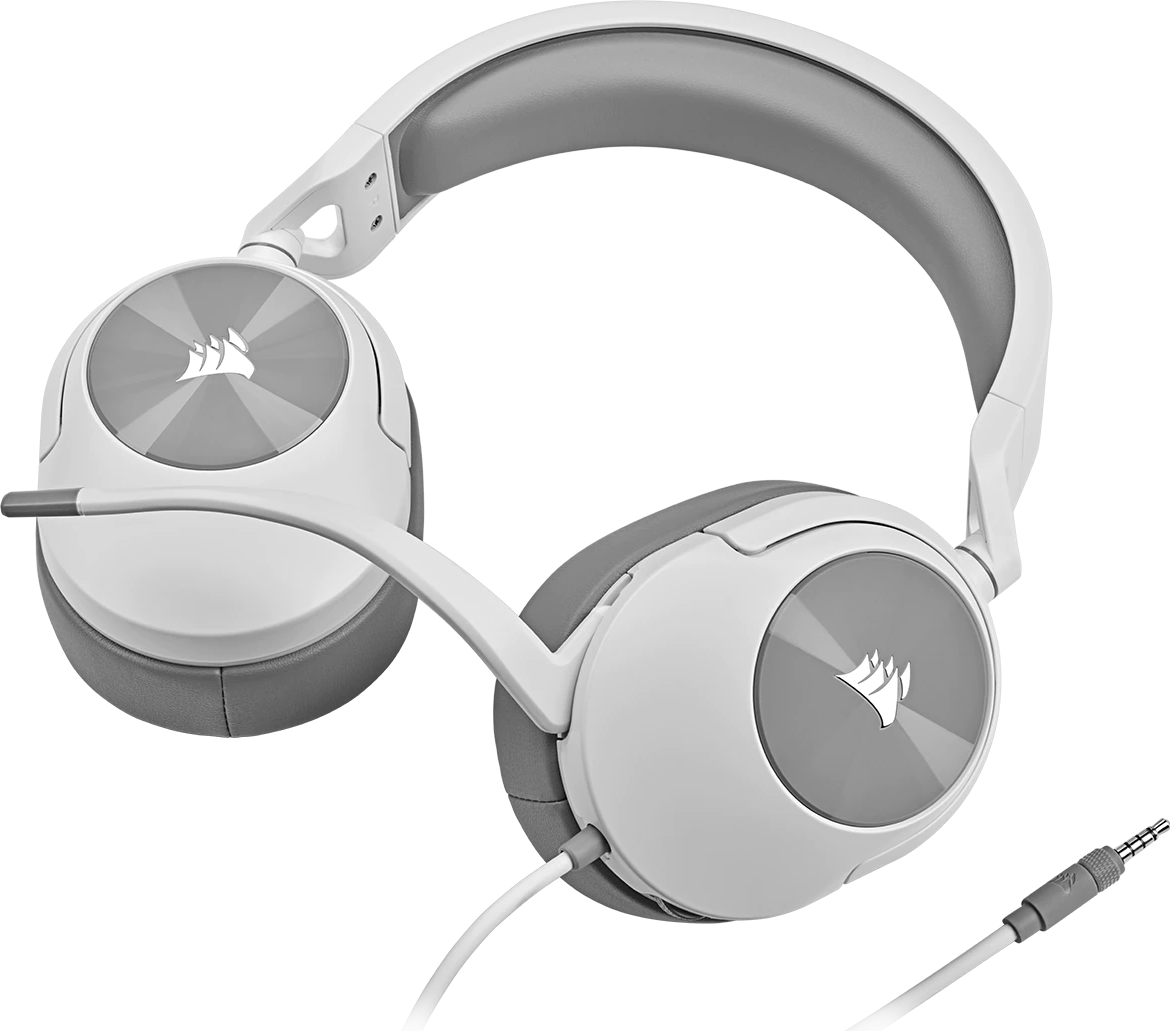 Weiße und graue Corsair-Kopfhörer mit Mikrofon und Kabel.