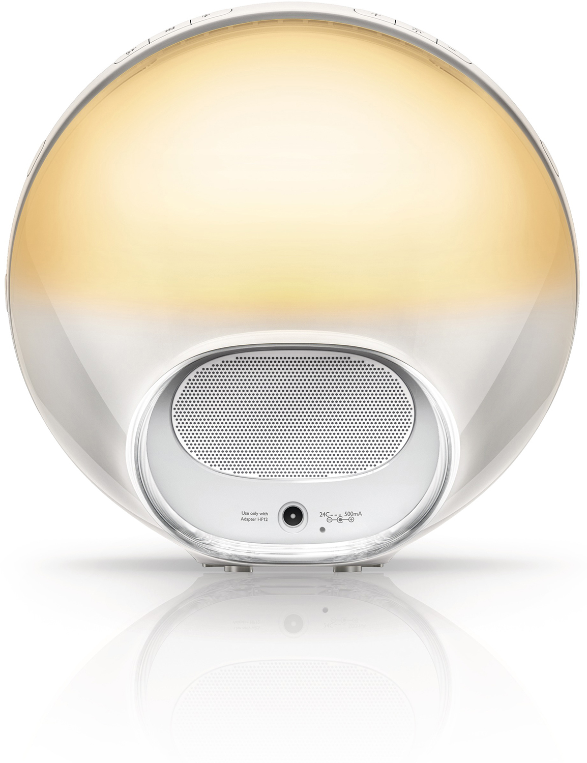 White and silver Philips Wake-Up Light. It has a rounded shape and a speaker grill at the back.