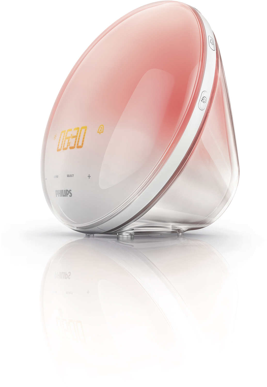 A white Philips alarm clock lights up with pink hues.