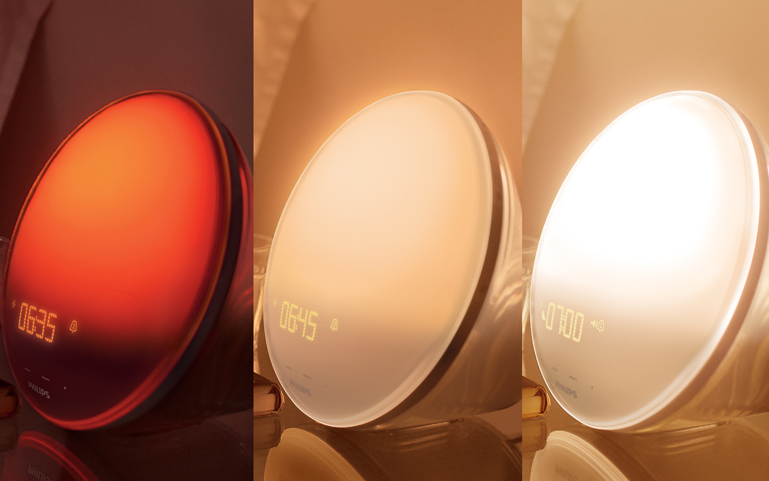 Three images of a white Philips wake-up light showing different light levels.