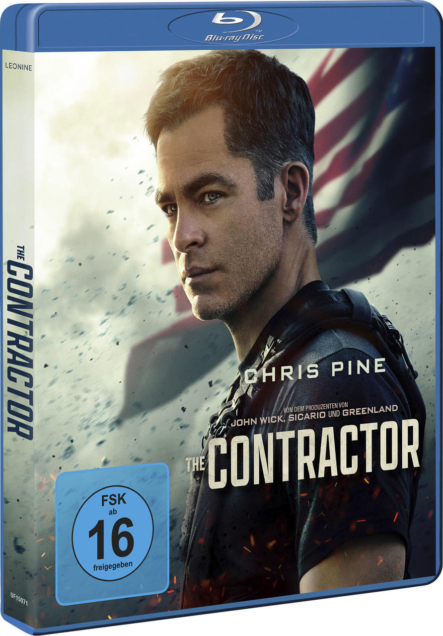 DVD-Cover von 'The Contractor' mit Chris Pine, US-Flagge im Hintergrund. FSK 16 bewertet.