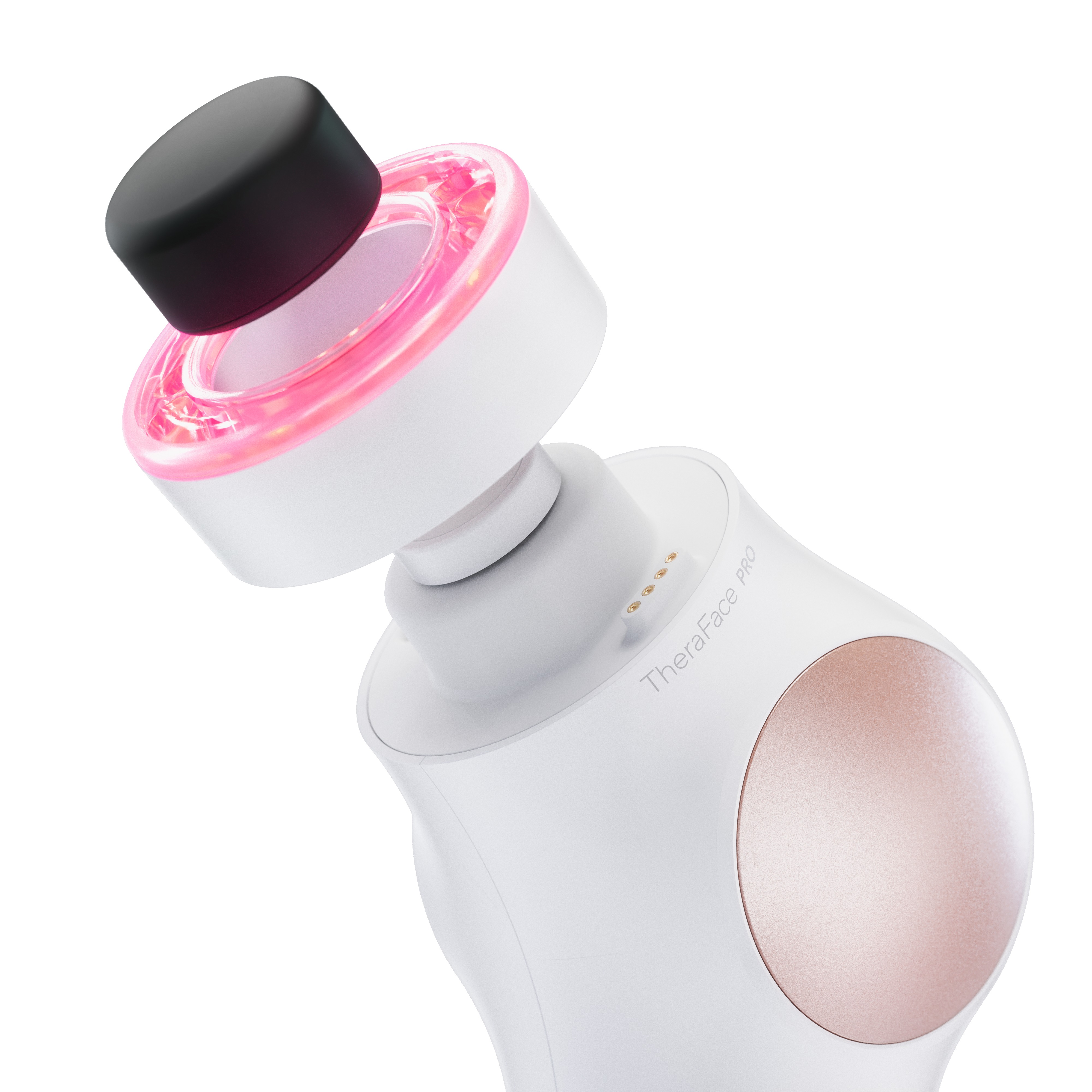 Weißes Gesichtsmassagegerät. Das Massagegerät hat einen schwarzen Kopf und ein rosa Licht leuchtet.