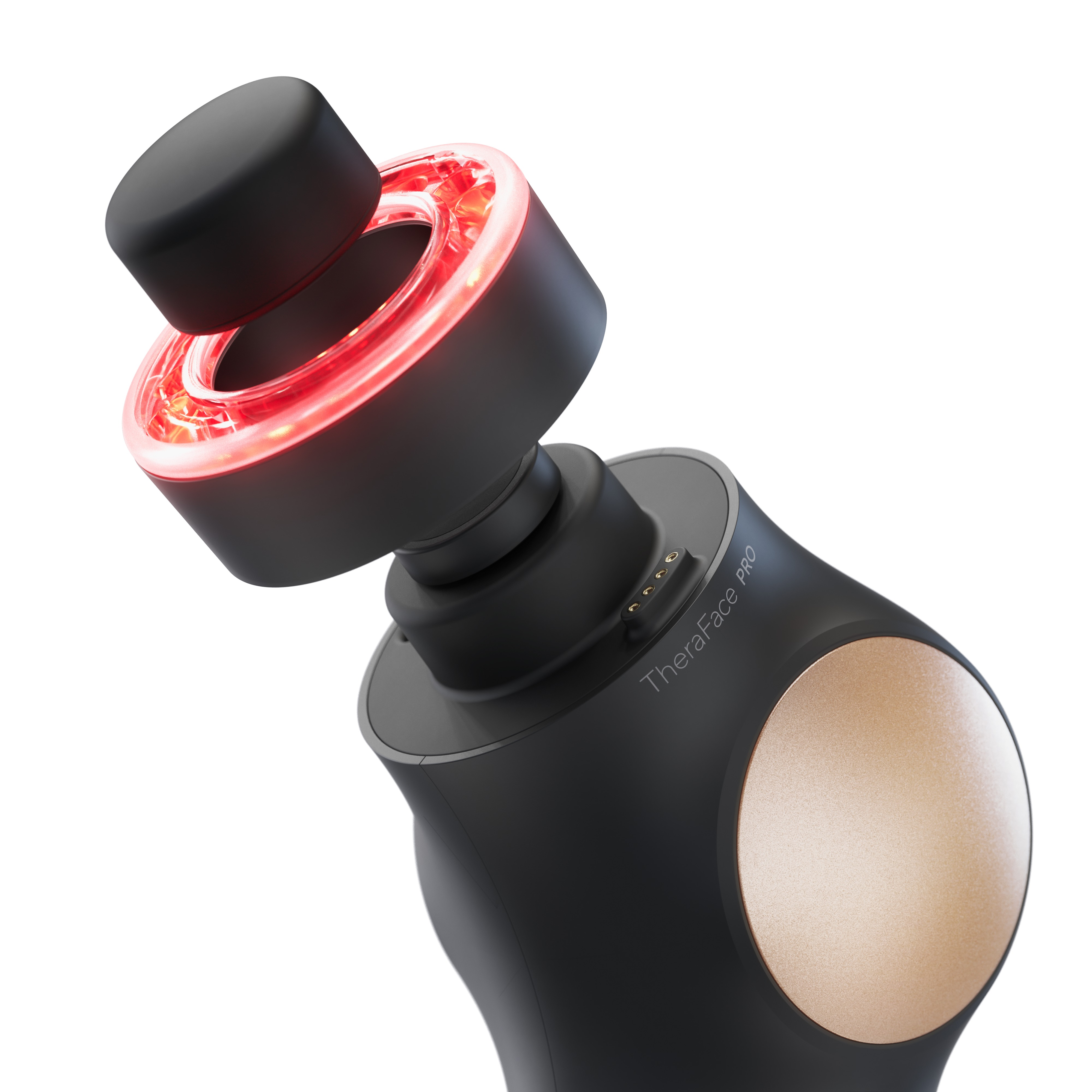 Schwarzes Massagegerät mit rotem Licht, goldfarbene Akzente. Weißer Hintergrund.
