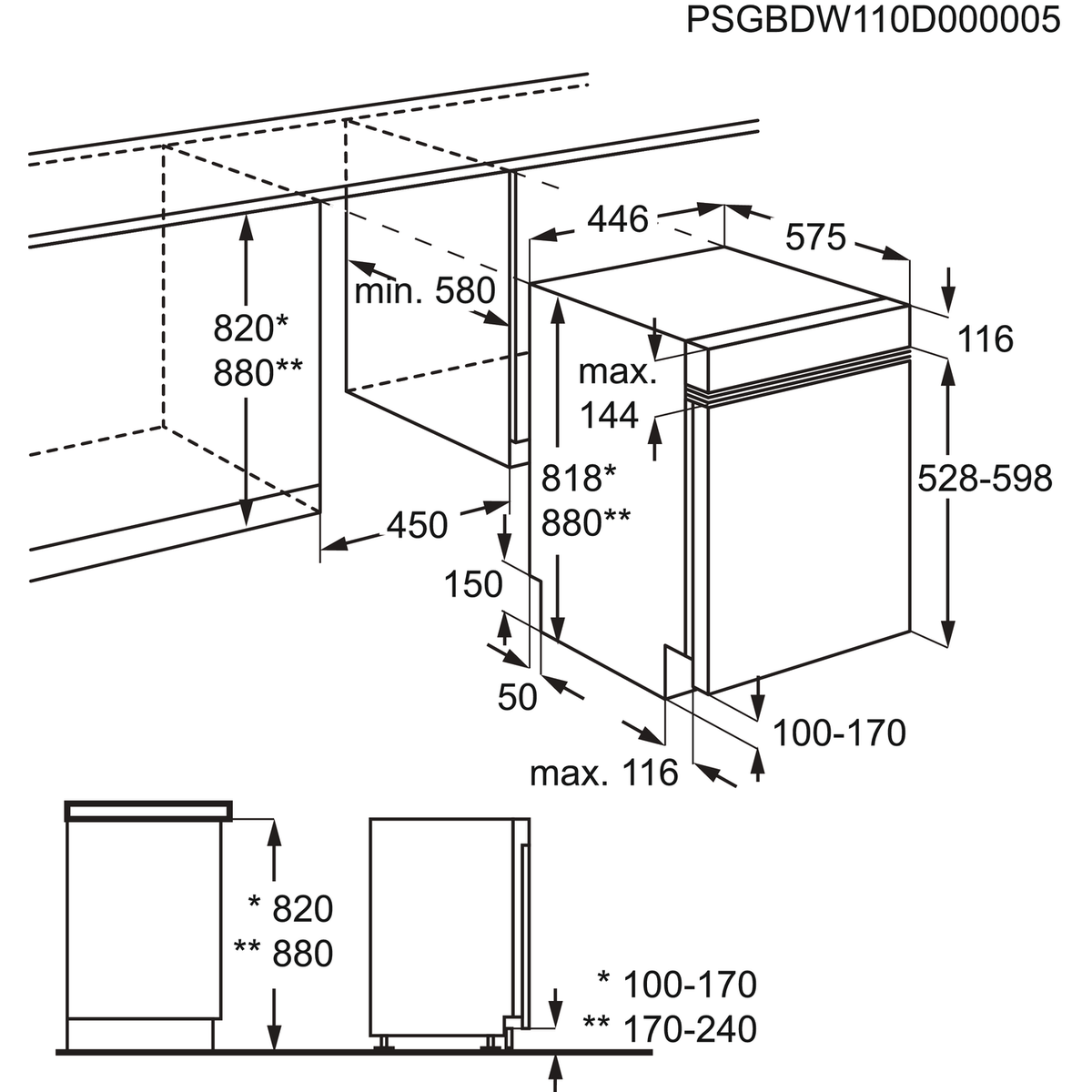 Diagramm eines Geschirrspülers mit Maßen und Abmessungen.