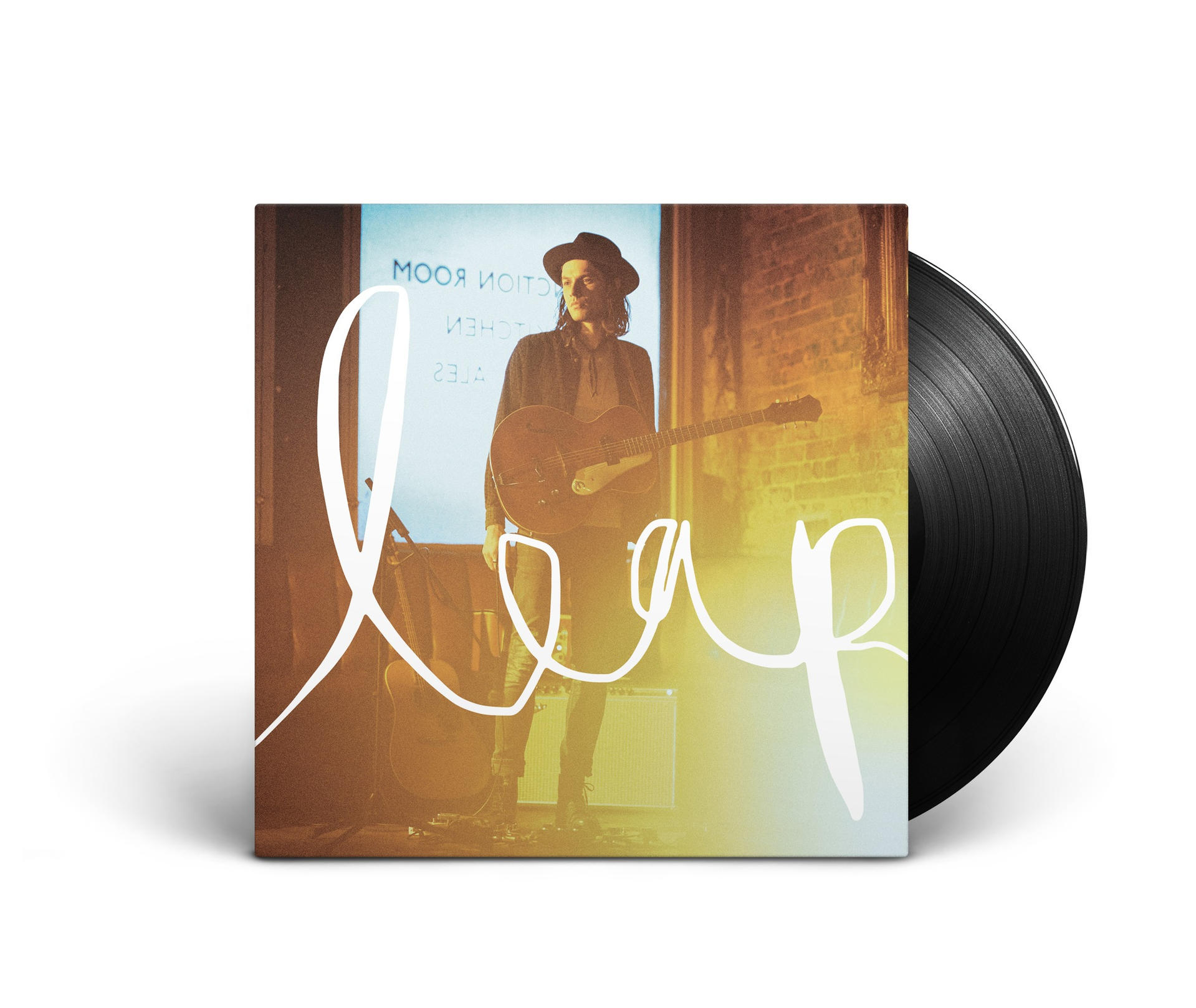 Schallplattenhülle mit Gitarre spielendem Mann, Wort 'Leap'.