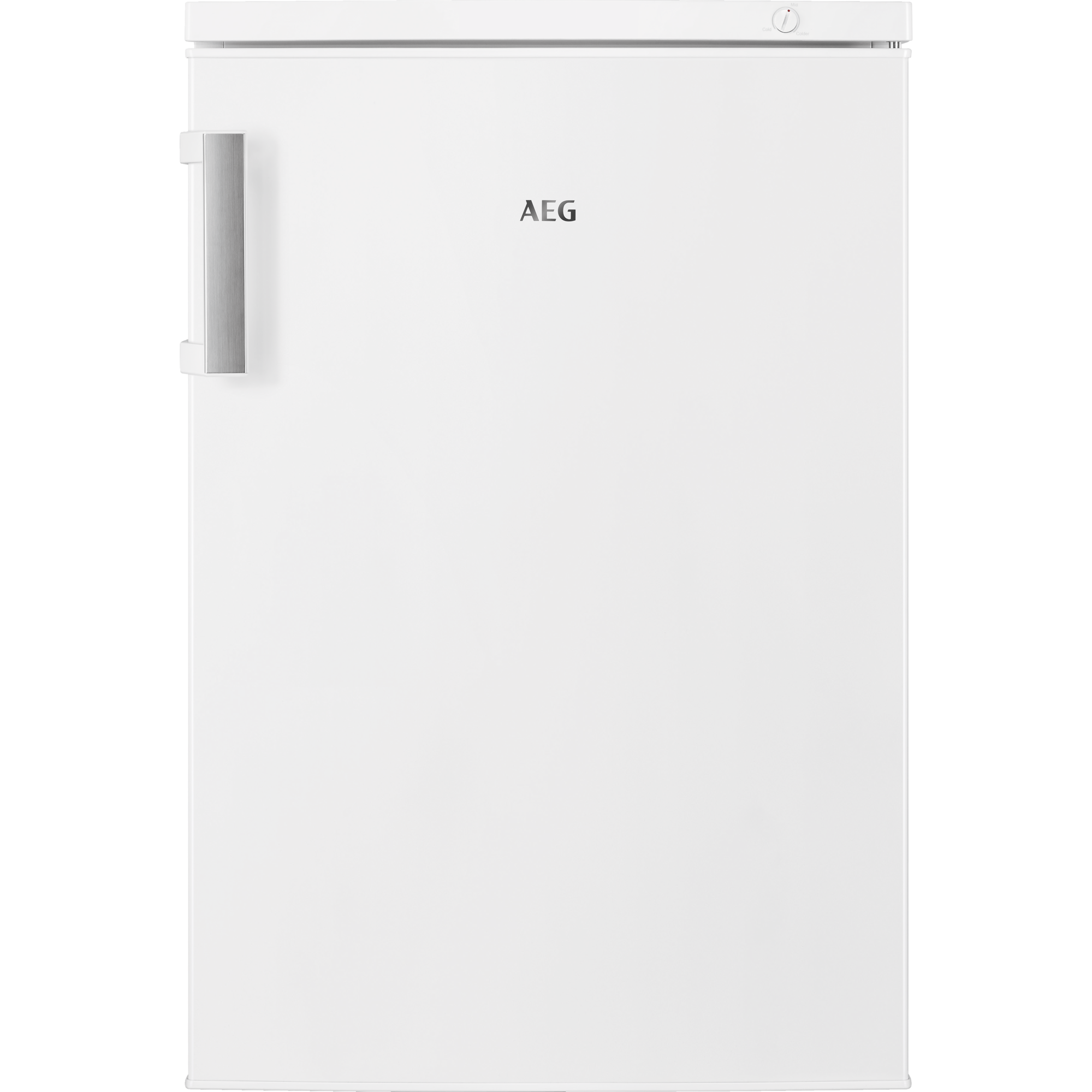 Weißer AEG-Gefrierschrank. Er hat einen silbernen Griff und eine weiße Tür mit dem AEG-Logo.