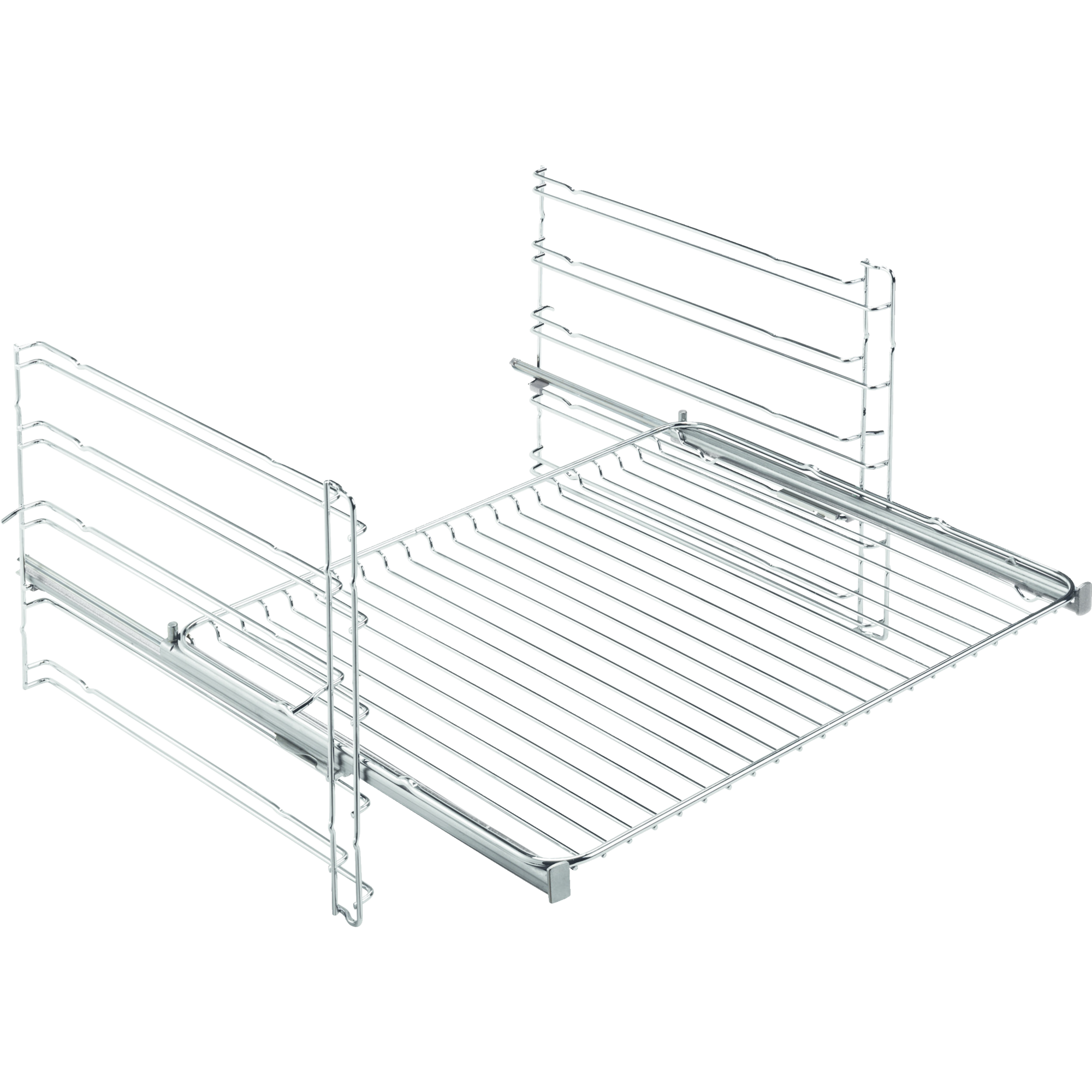 Ein Drahtrahmen-Schubladensystem mit Metallführungen, schräg auf weißem Hintergrund.