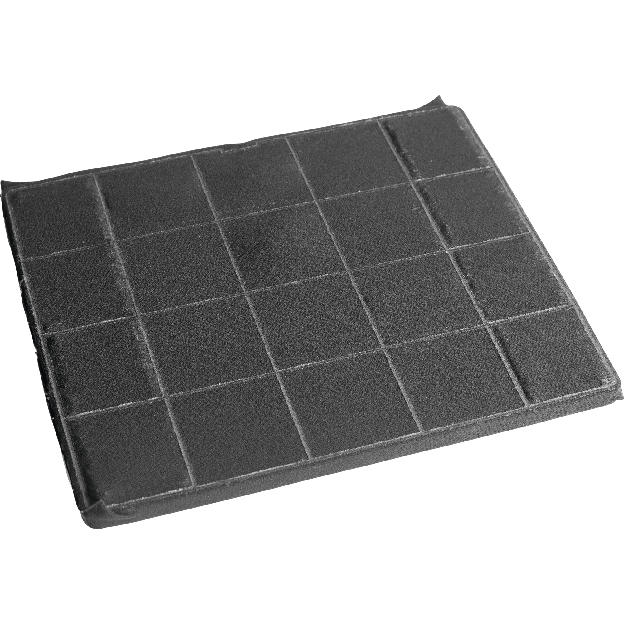 Ein rechteckiger, dunkelgrauer Luftfilter mit Gittermuster vor schwarzem Hintergrund. Der Filter hat eine strukturierte Oberfläche.