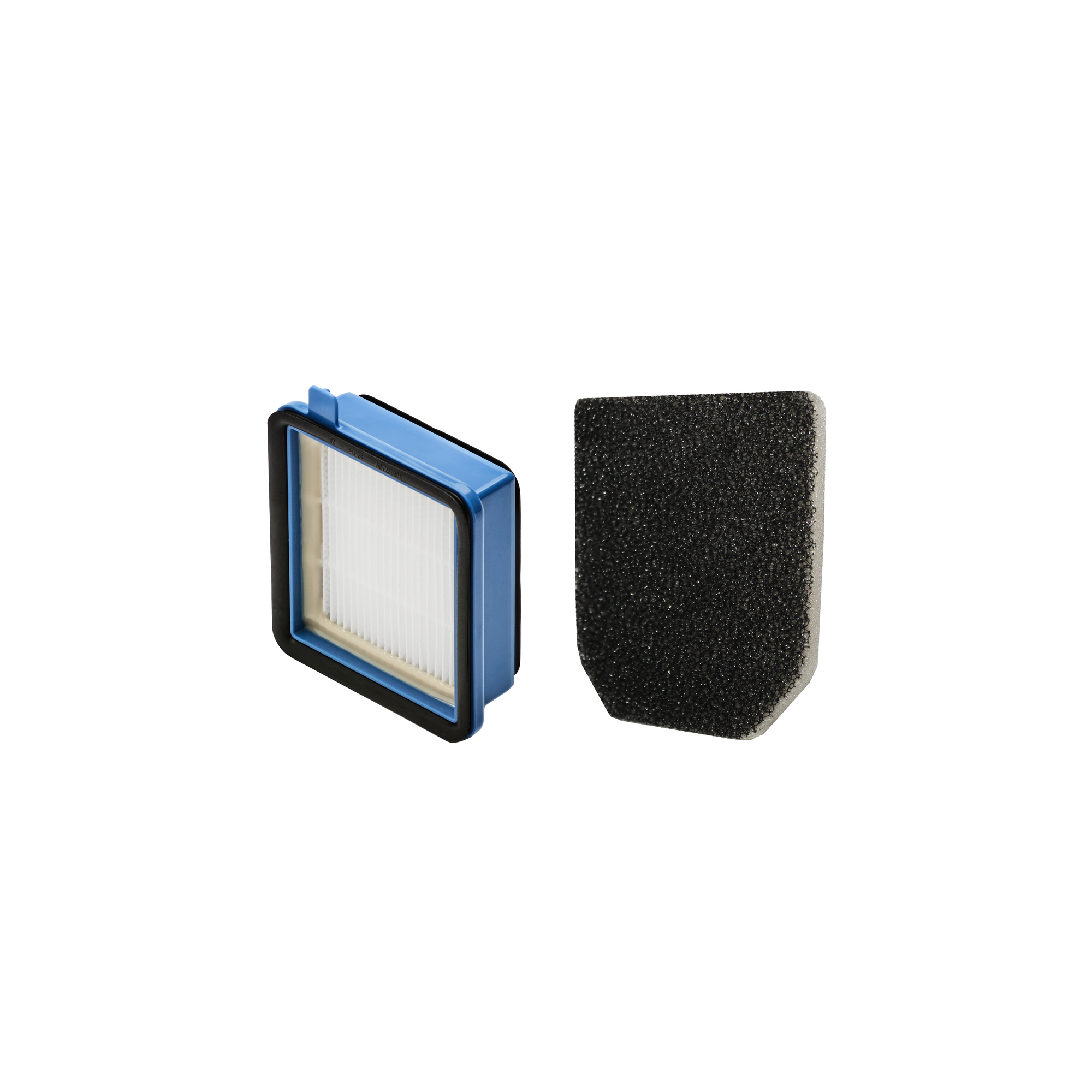 Luftfilterkomponenten. Ein blauer Rahmen mit Filter und ein separates schwarzes Schaumstoffteil.