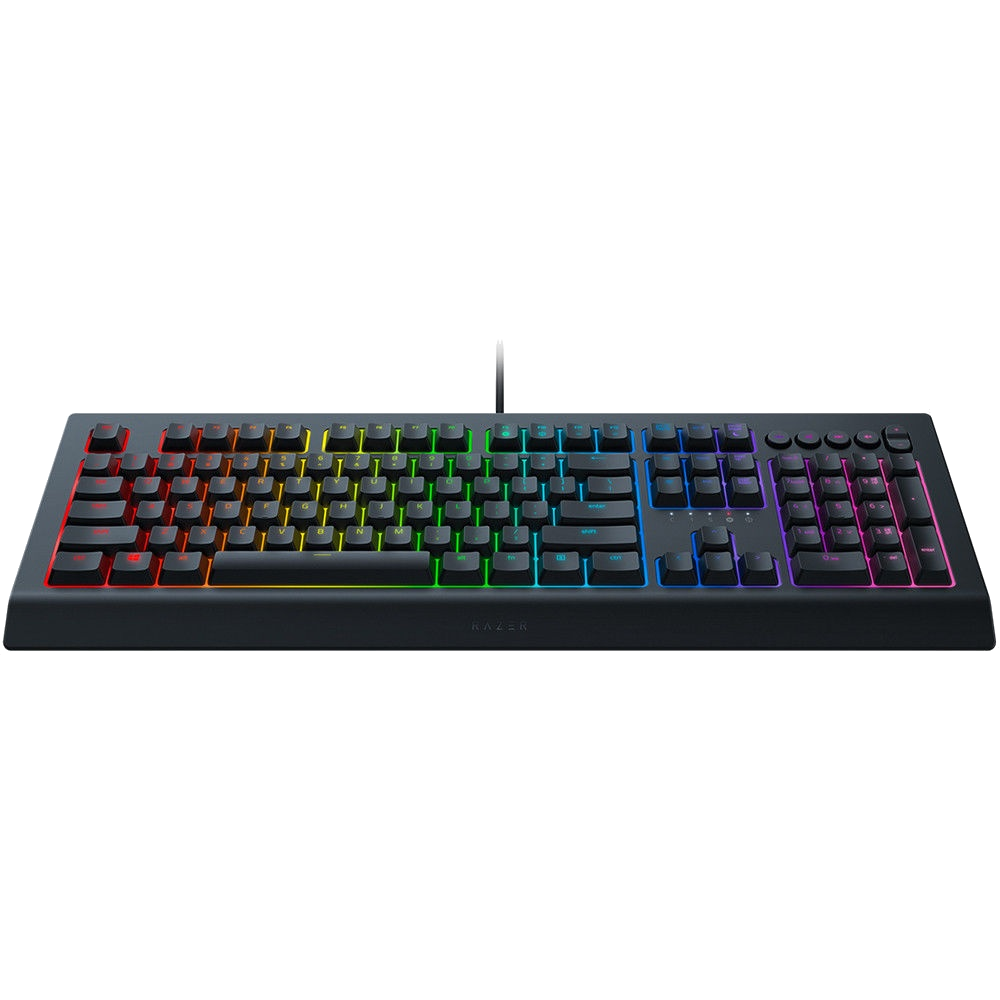 Siyah Razer klavye, çok renkli tuşlar ve logo ile, siyah bir zeminde.