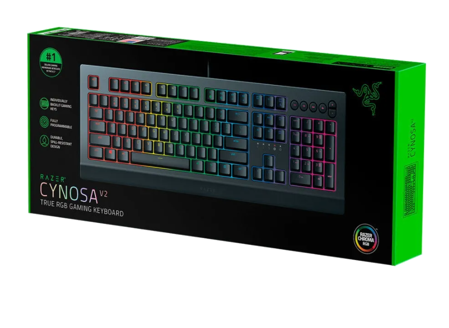 Siyah ve yeşil bir kutuda Razer Cynosa V2 oyun klavyesi.