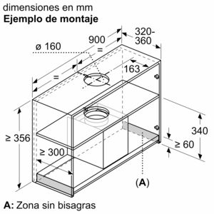 Diagrama isométrico de una campana extractora, mostrando dimensiones y estructura interna.