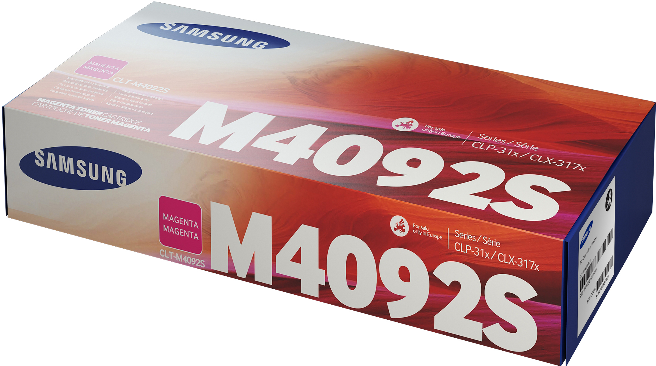 Eine Samsung Magenta-Tonerkartuschen-Box. Sie hat große weiße Zahlen und Text mit Magenta- und Rotfarbverläufen.