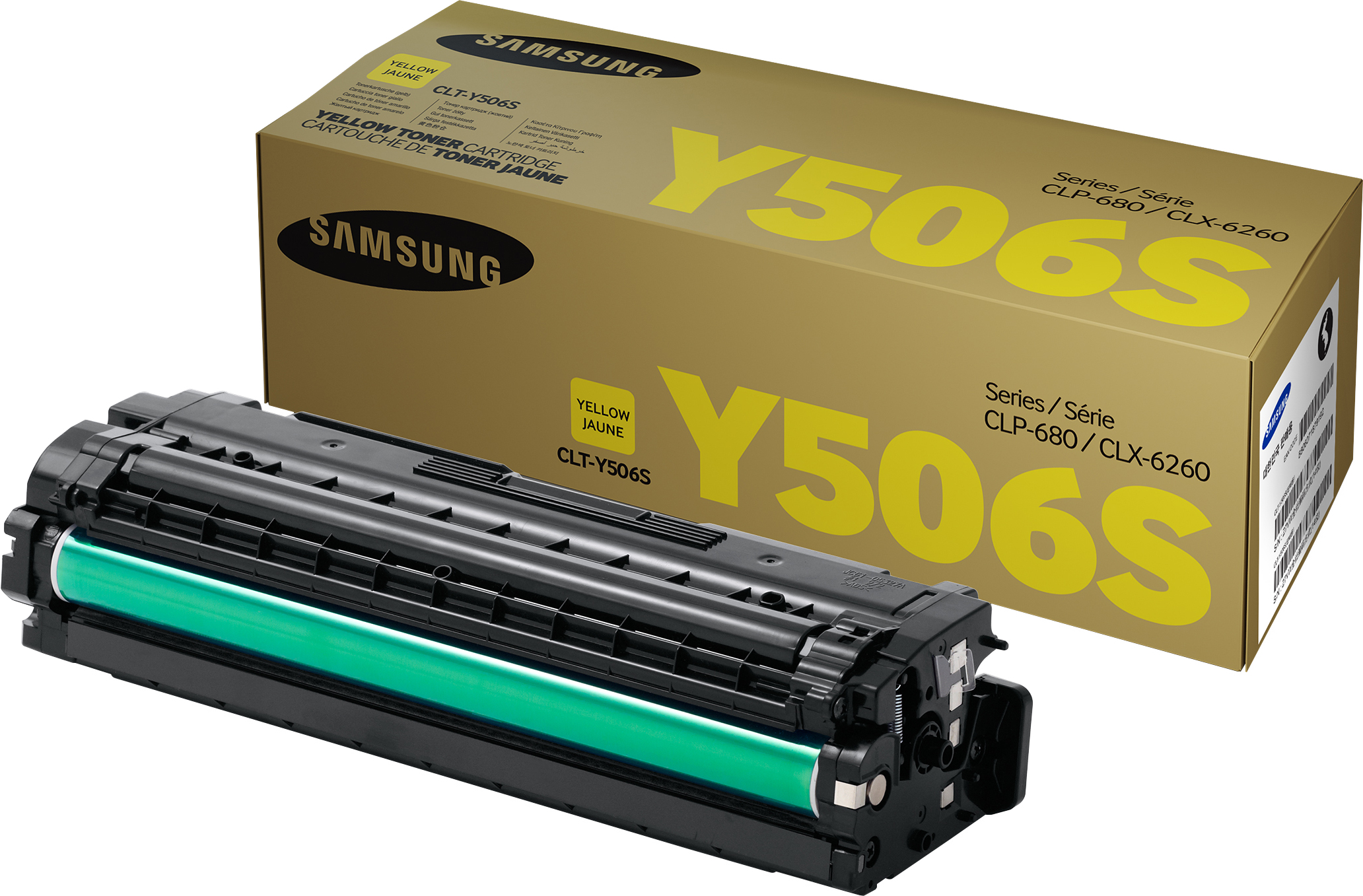 Eine Samsung gelbe Tonerkartuschenbox und -kartusche. Die Box ist goldfarben mit gelbem Text. Die Kartusche ist schwarz und grün.