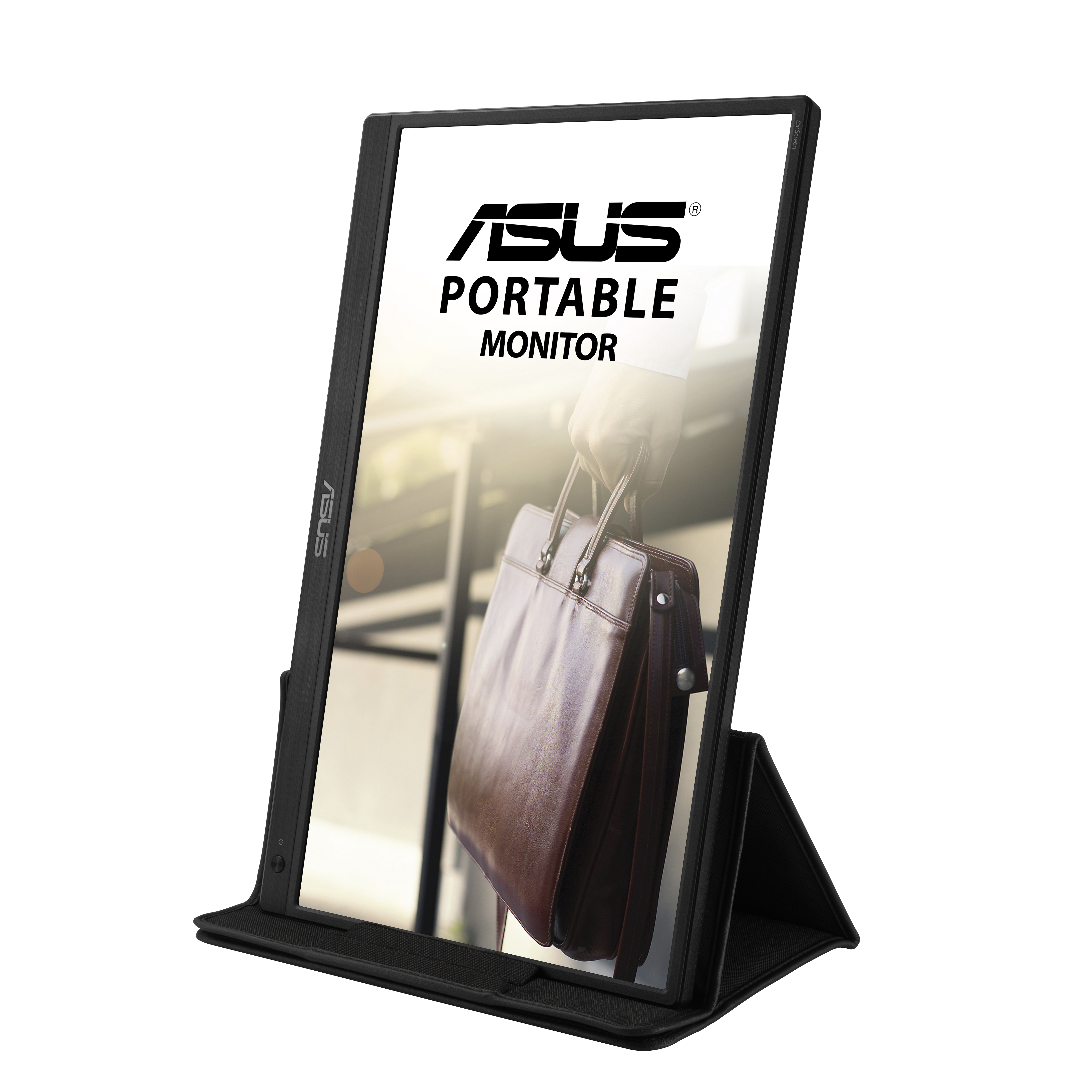 Asus tragbarer Monitor, schwarz, geöffnet, mit einem Aktenkoffer-Bild auf dem Bildschirm.