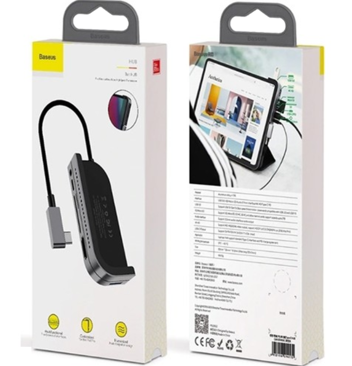 Baseus HUB kutusu, çoklu bağlantı noktalarına sahip bir HUB cihazını gösteriyor. Kutu ürün detayları ve bir tablet ekranı içeriyor.