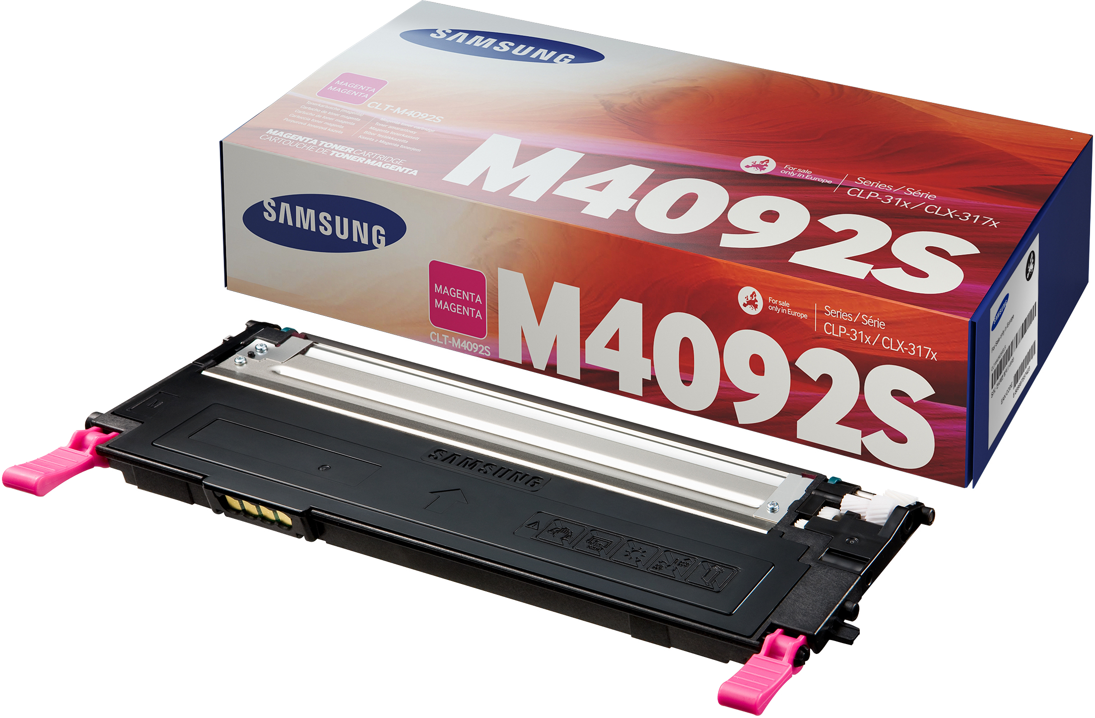Samsung M4092S Magenta-Tonerpatrone. Karton und Patrone sind sichtbar. Die Box ist weiß und rot mit dem Samsung-Logo.