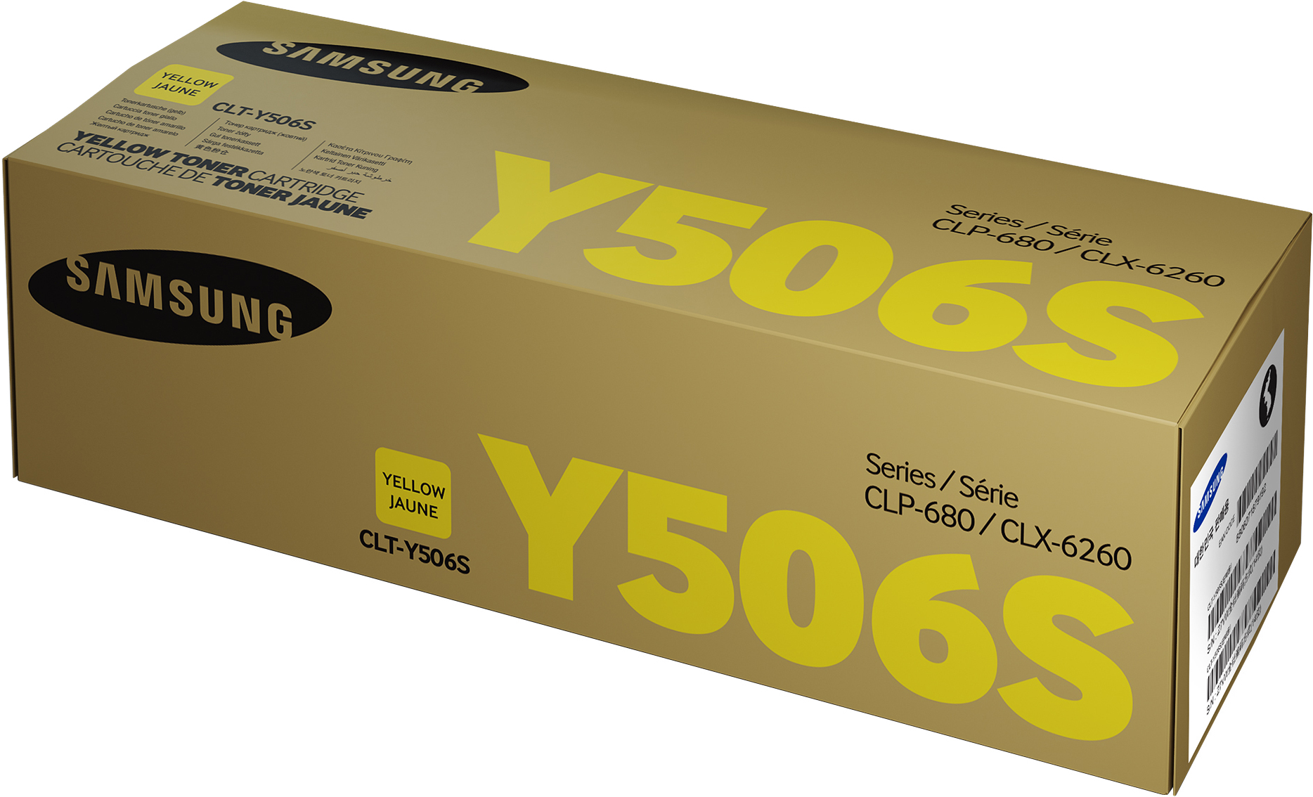 Eine goldfarbene Samsung-Tonerkartuschenbox mit gelbem Text Y506S. Enthält das Samsung-Logo und Produktinformationen.