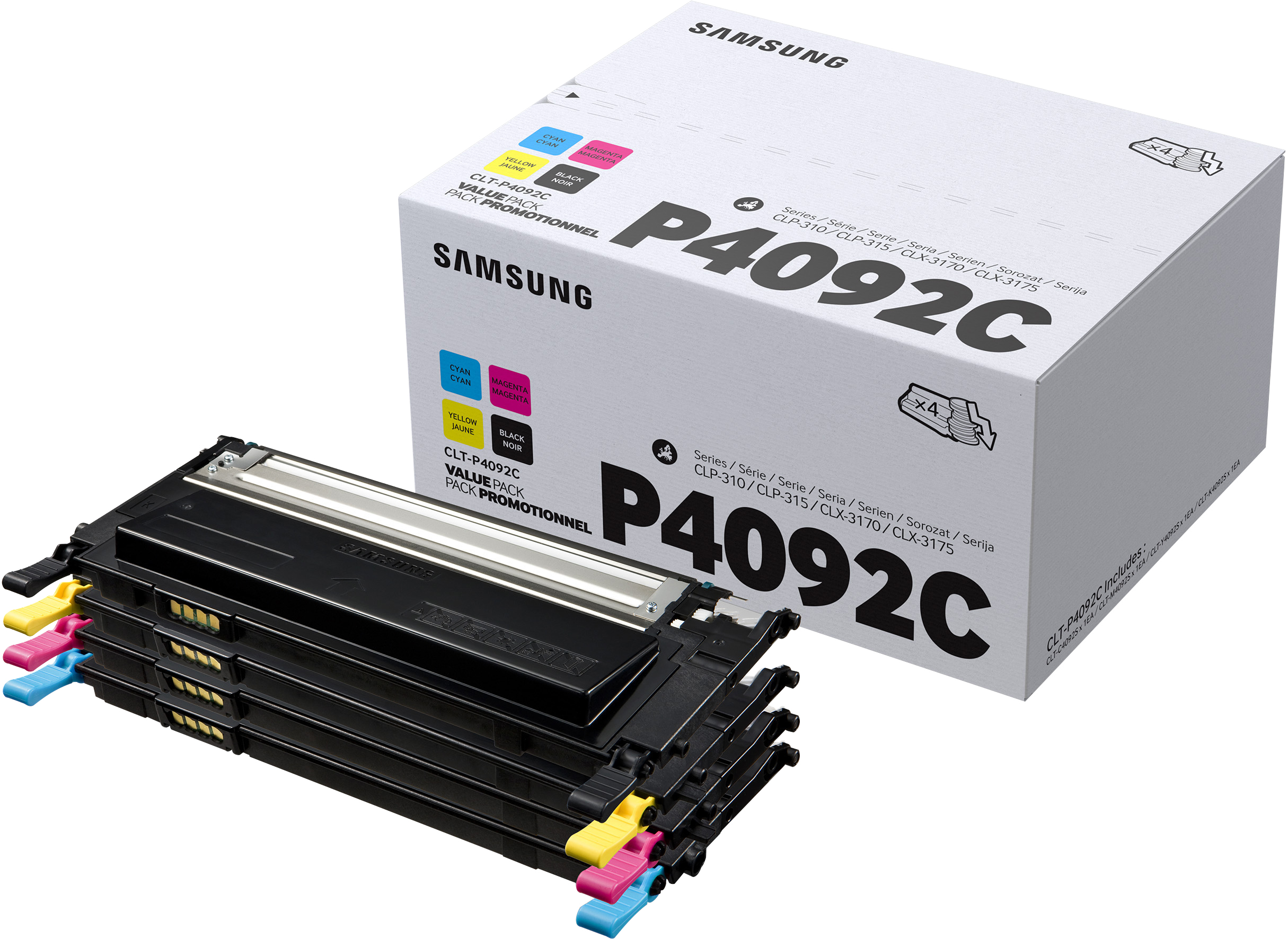 Samsung-Druckerpatronen-Set. Cyan-, Gelb-, Magenta- und Schwarzpatronen sowie eine Box.