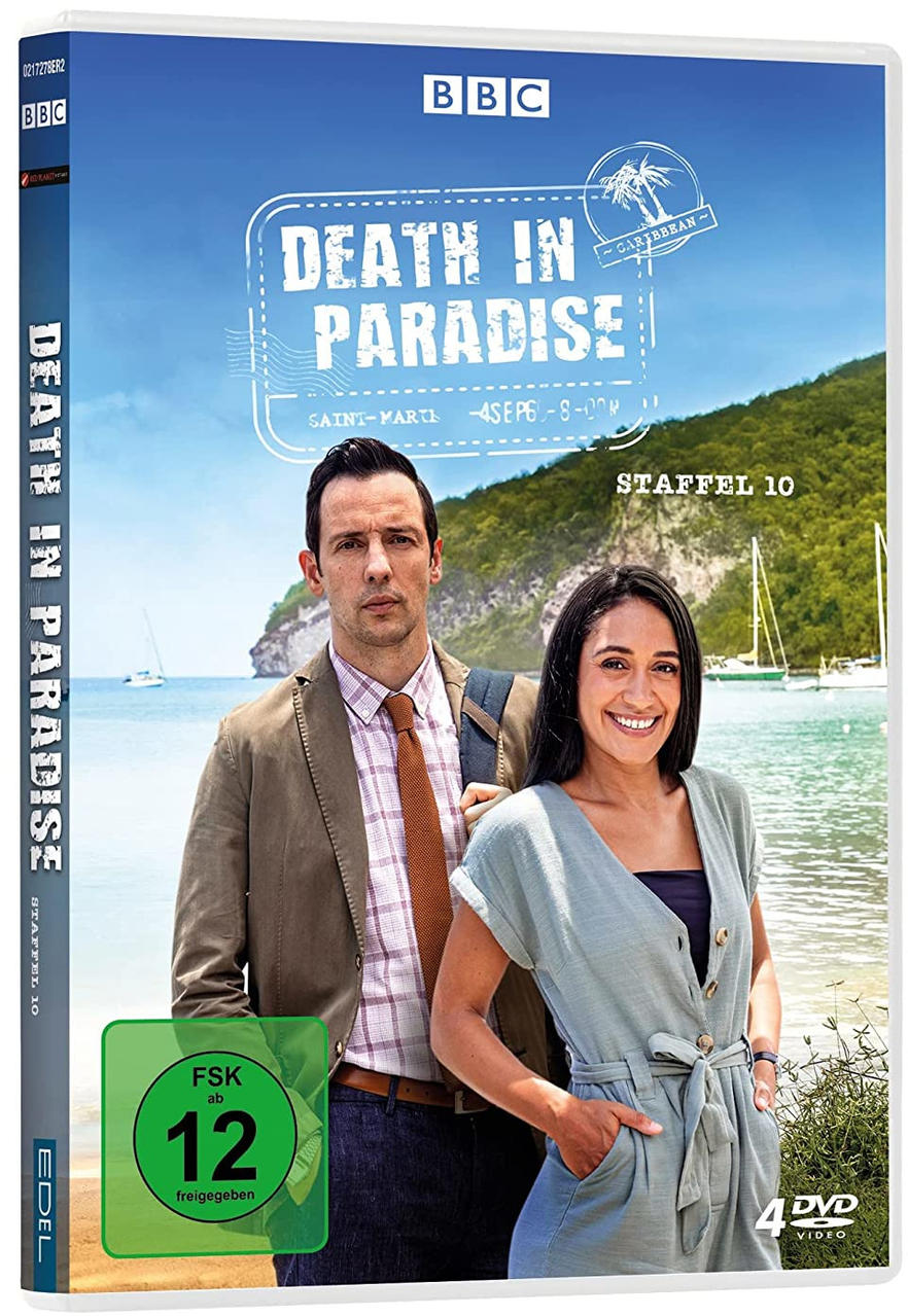 DVD-Hülle für die Serie 'Death in Paradise' mit zwei Personen am Strand.