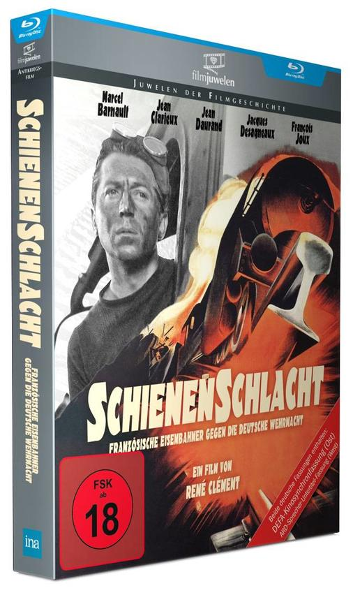 DVD-Hülle für „Schienenschlacht“. Enthält ein Vintage-Filmposter mit Schauspielern und Titel.