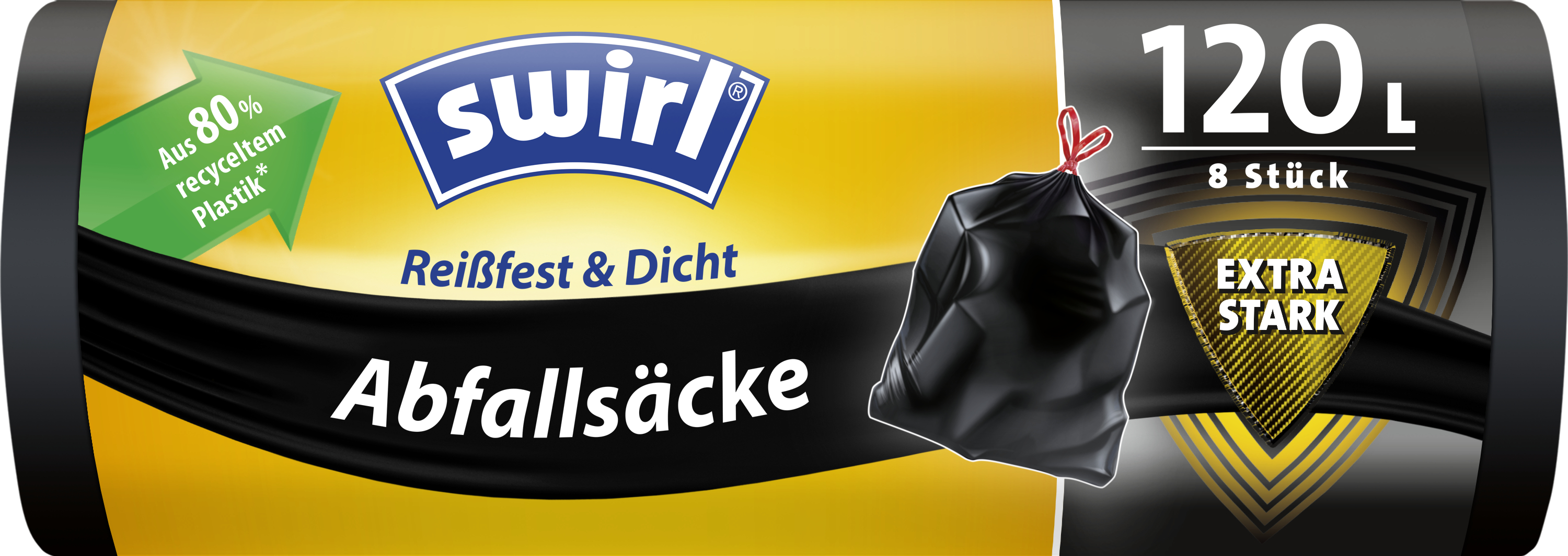 Schwarze Müllbeutelverpackung mit gelb-schwarzem Design, Beutel und Text.