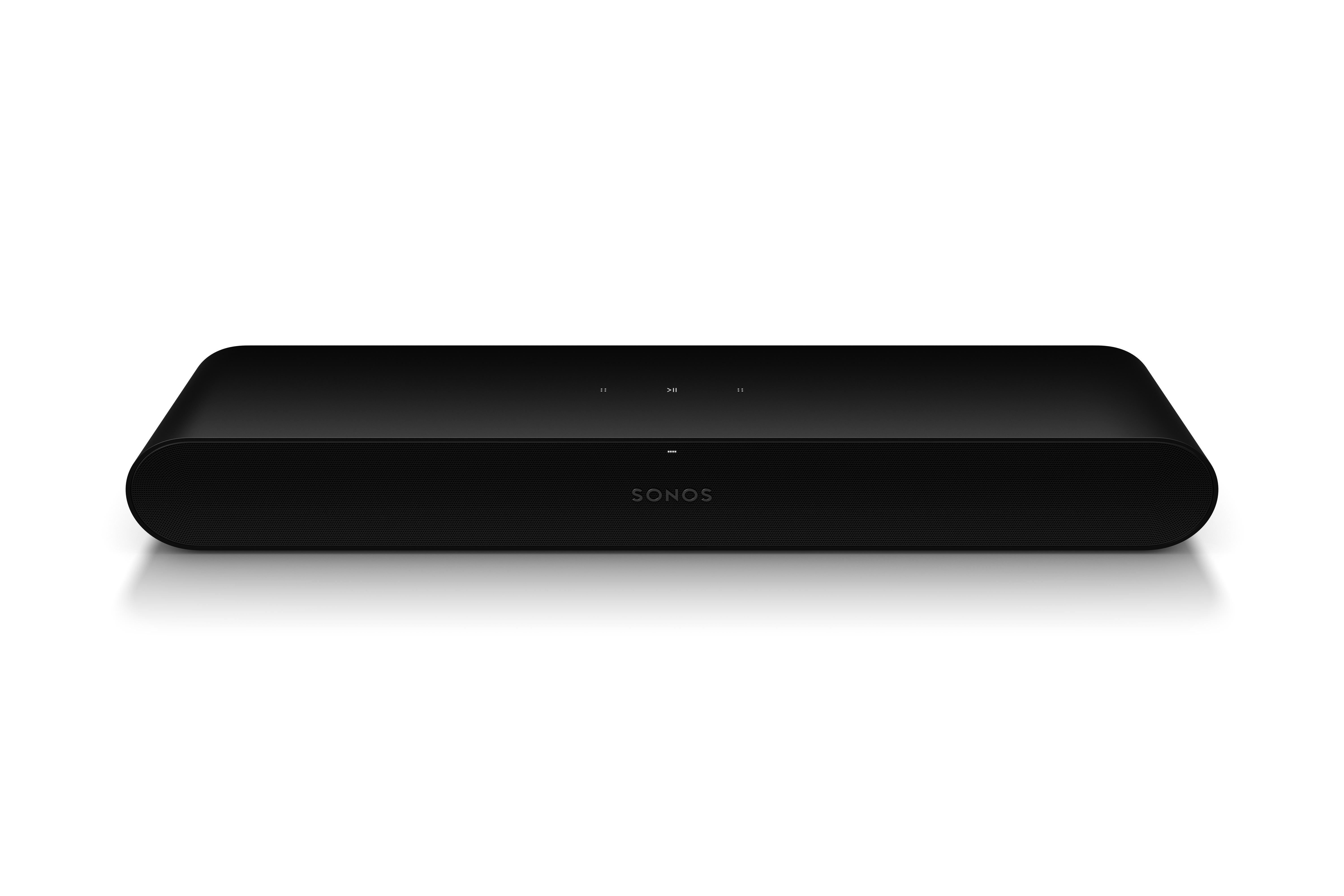 Eine schwarze Sonos Soundbar auf weißem Hintergrund. Das Sonos-Logo ist sichtbar.