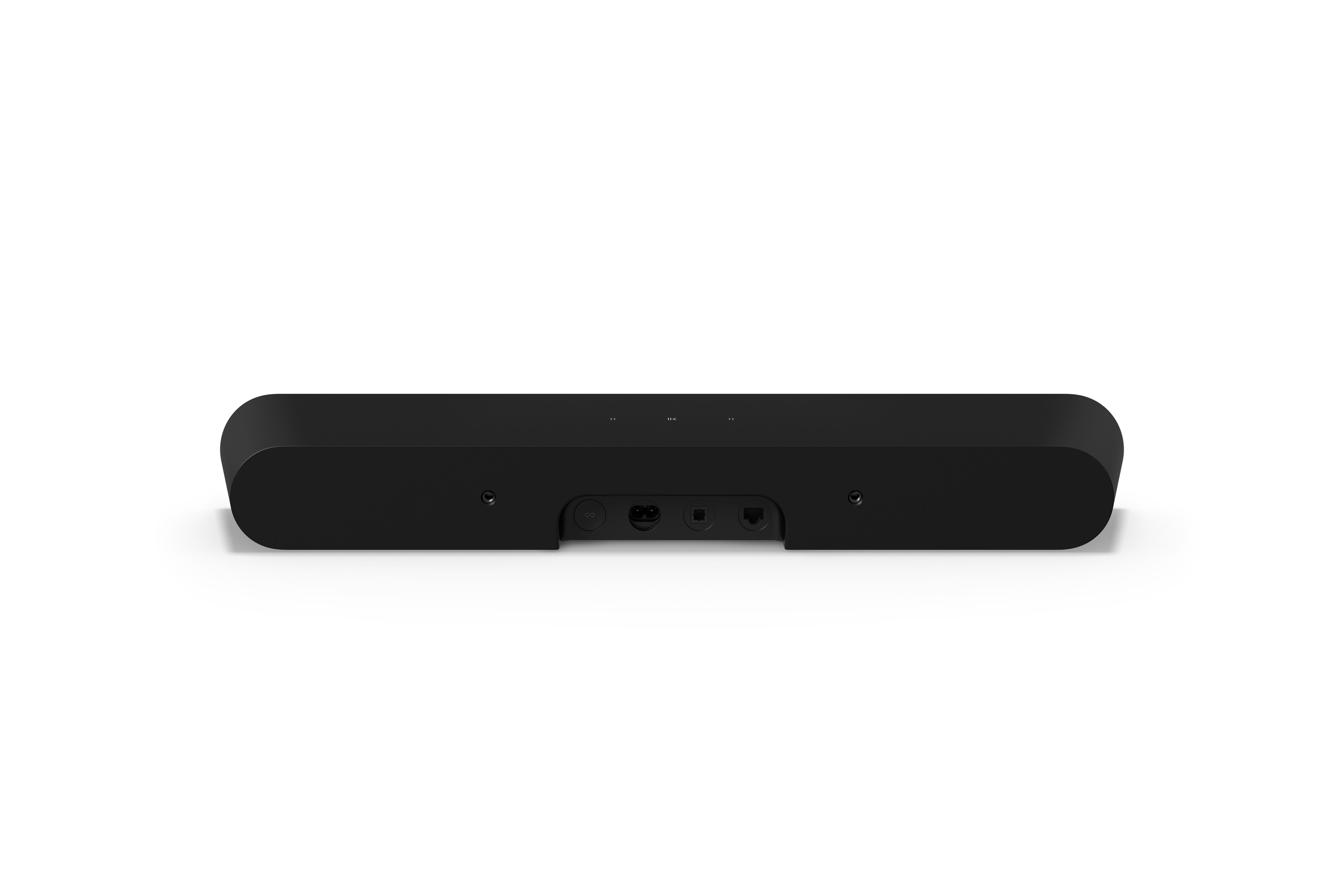 Rückansicht einer schwarzen Soundbar. Mit Anschlüssen, Tasten und Stromeingang.