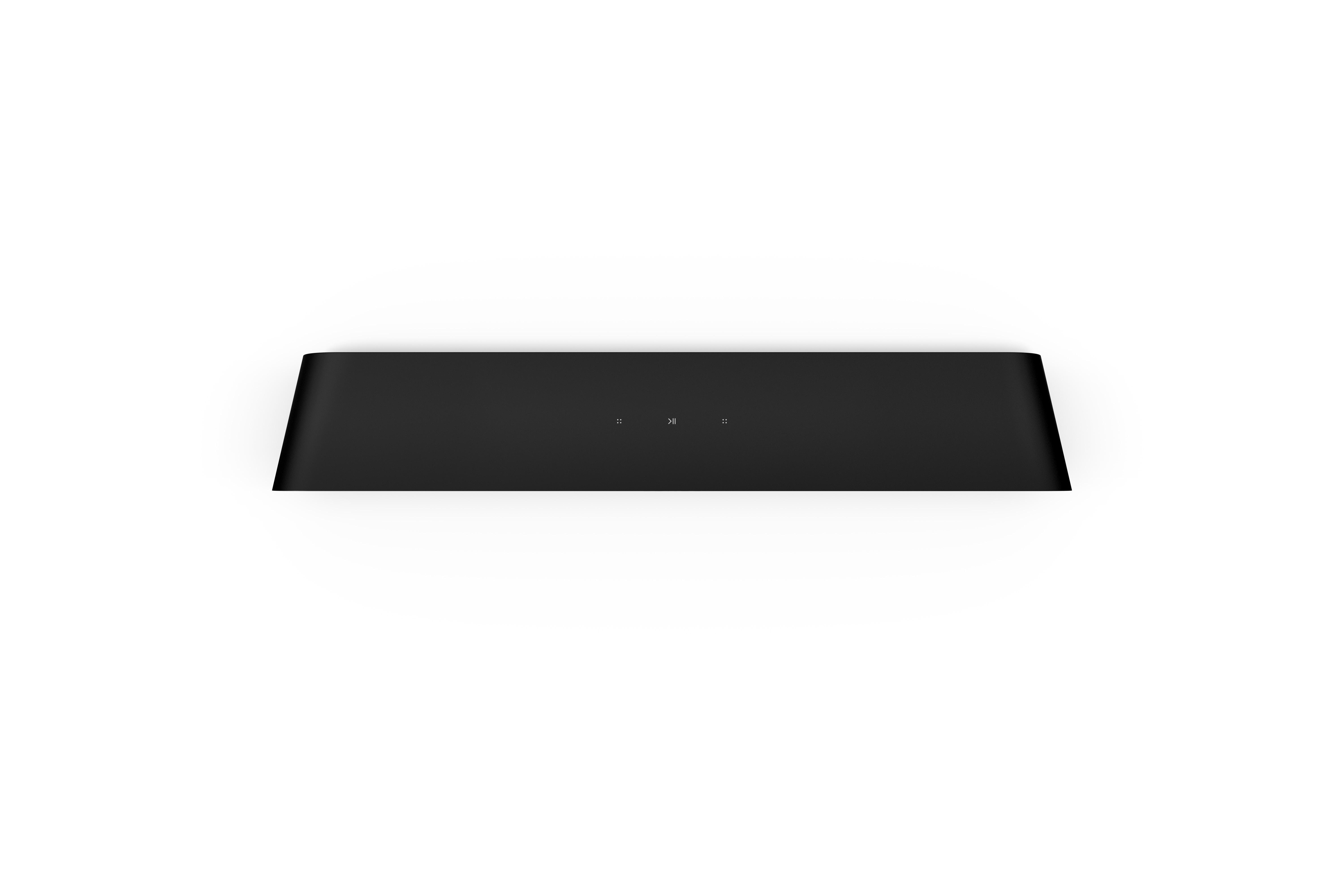 Eine elegante, schwarze Soundbar mit minimalistischem Design auf weißem Hintergrund.