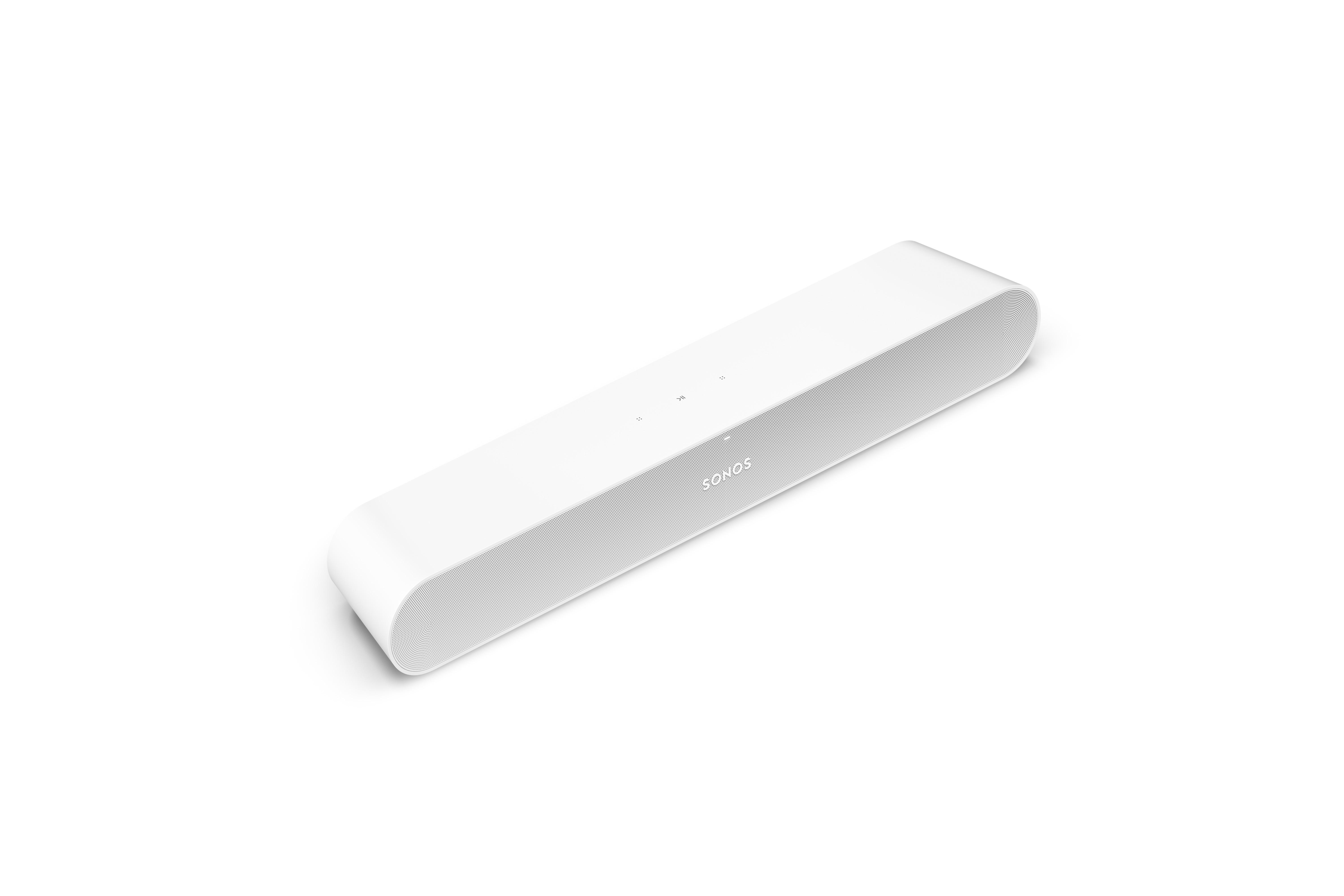 Weißer Sonos-Soundbar, rechteckige Form, mit abgerundeten Kanten. Auf weißer Oberfläche platziert.